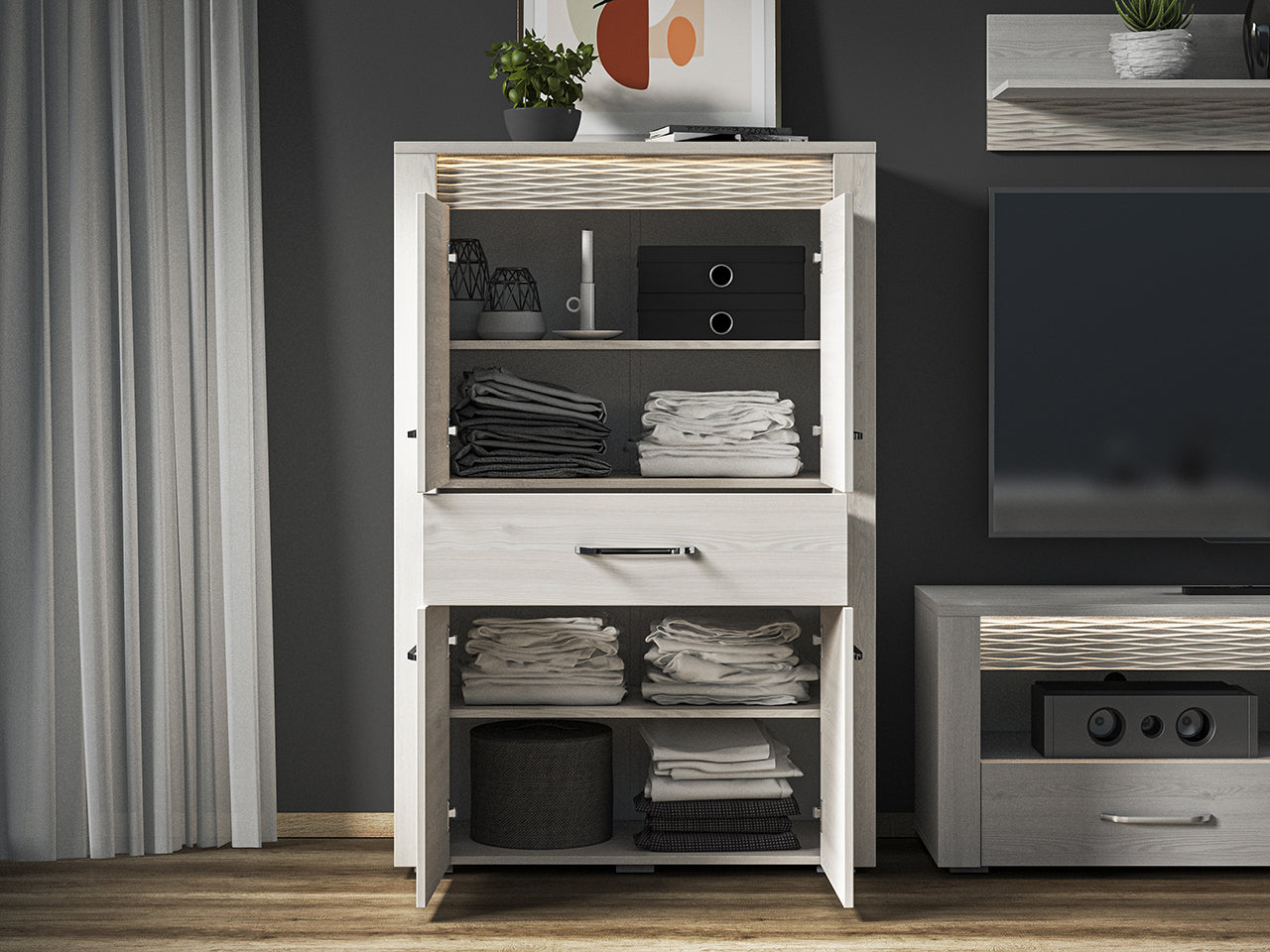 Buffet Moderne en Pin Enneigé avec Tiroirs Spacieux - Rangement Pratique et Design Épuré