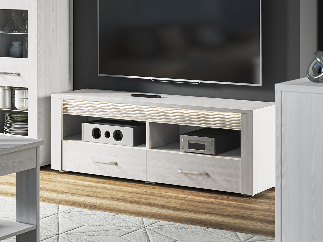 Meuble TV en Pin Enneigé avec Design Moderne et Fonctionnalité Optimale