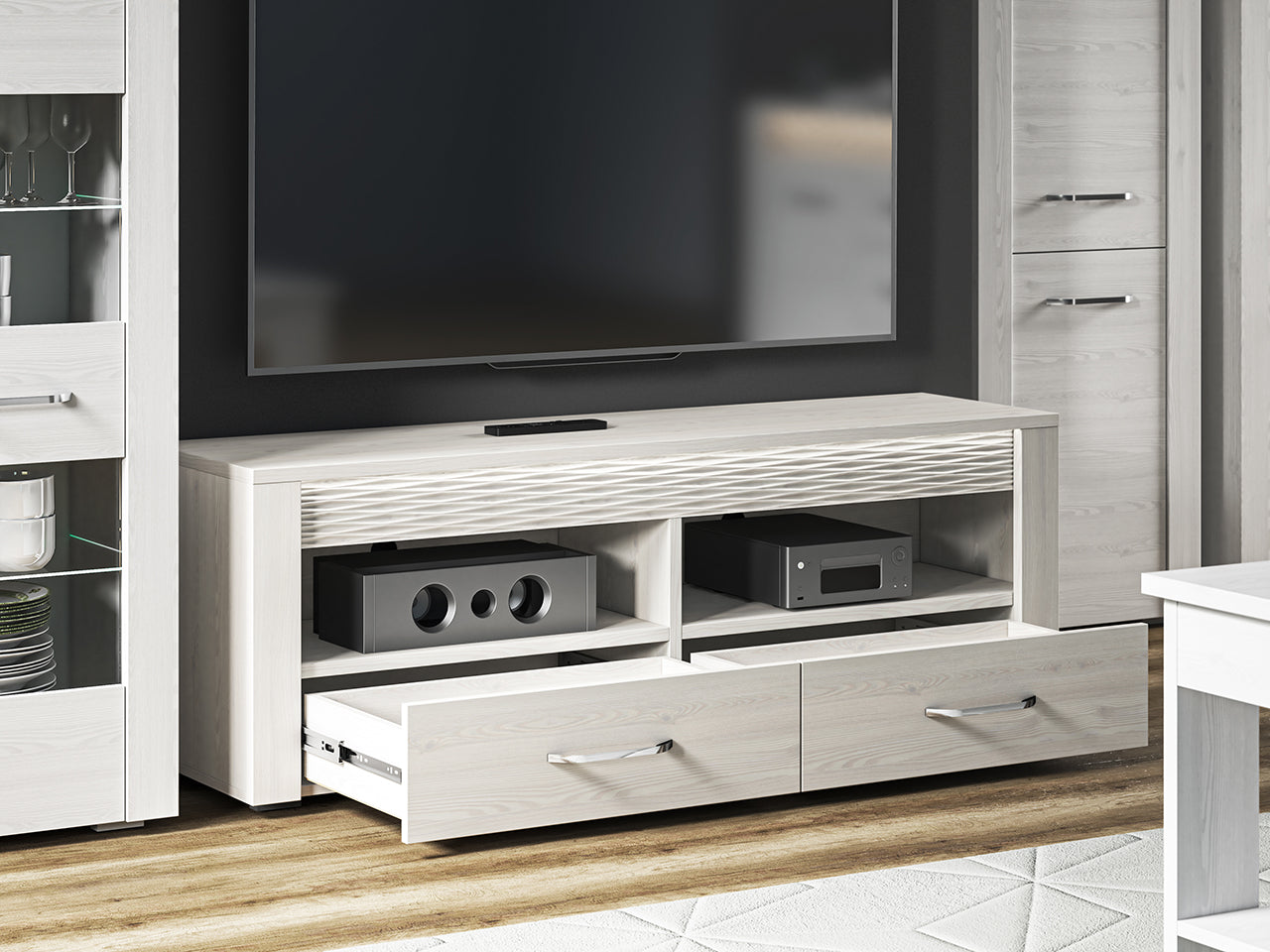 Meuble TV en Pin Enneigé avec Design Moderne et Fonctionnalité Optimale