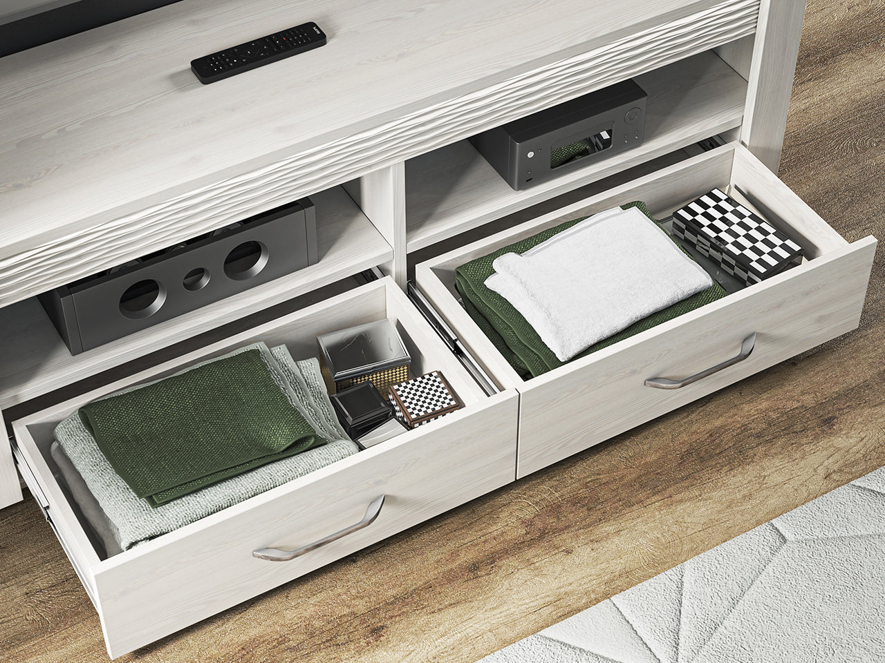 Meuble TV en Pin Enneigé avec Design Moderne et Fonctionnalité Optimale