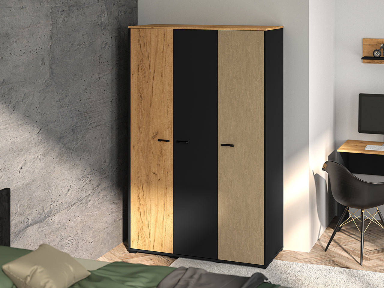 Garde-robe en chêne artisanal or et noir avec acier premium – Élégance et fonctionnalité