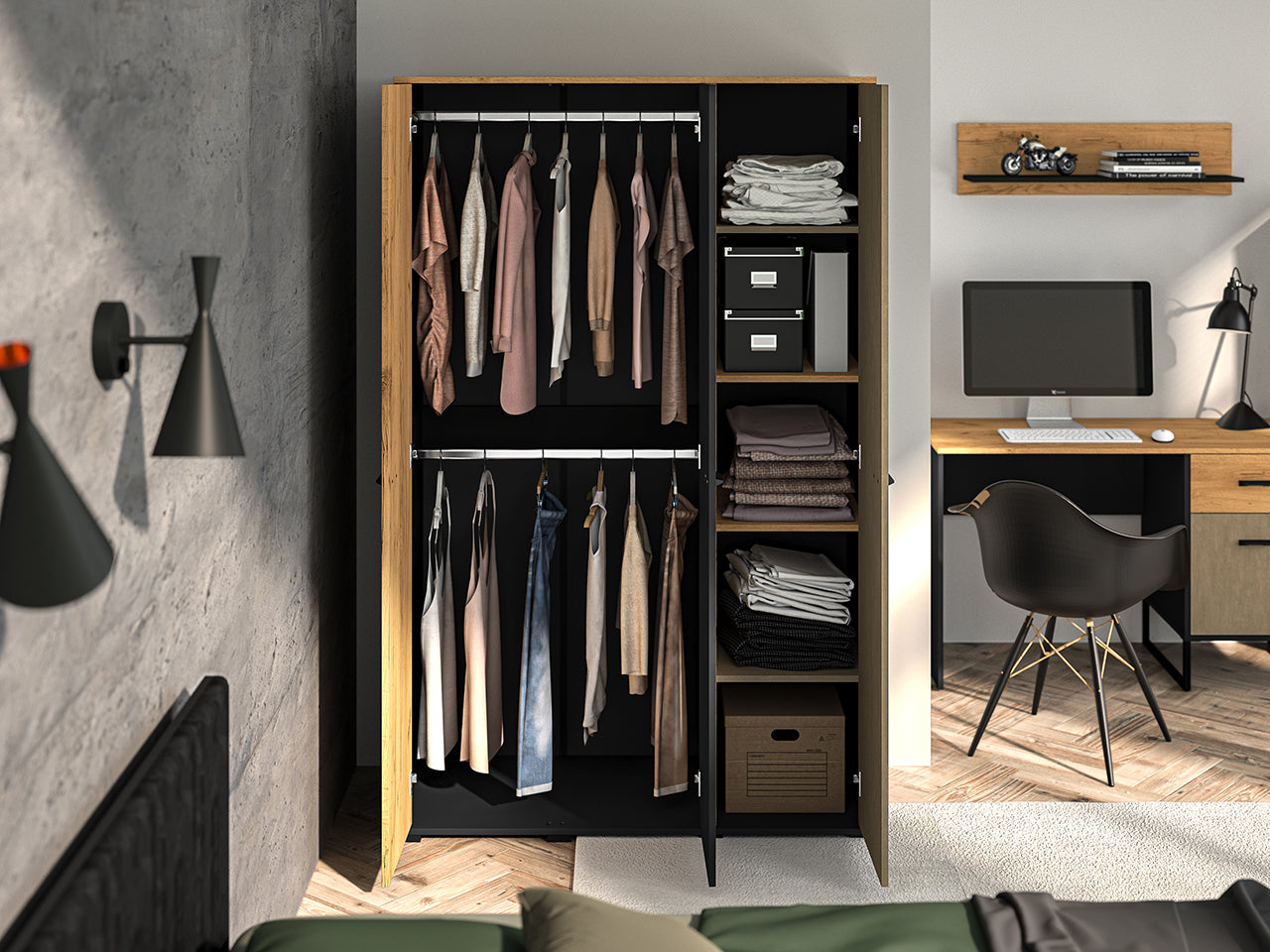 Garde-robe en chêne artisanal or et noir avec acier premium – Élégance et fonctionnalité