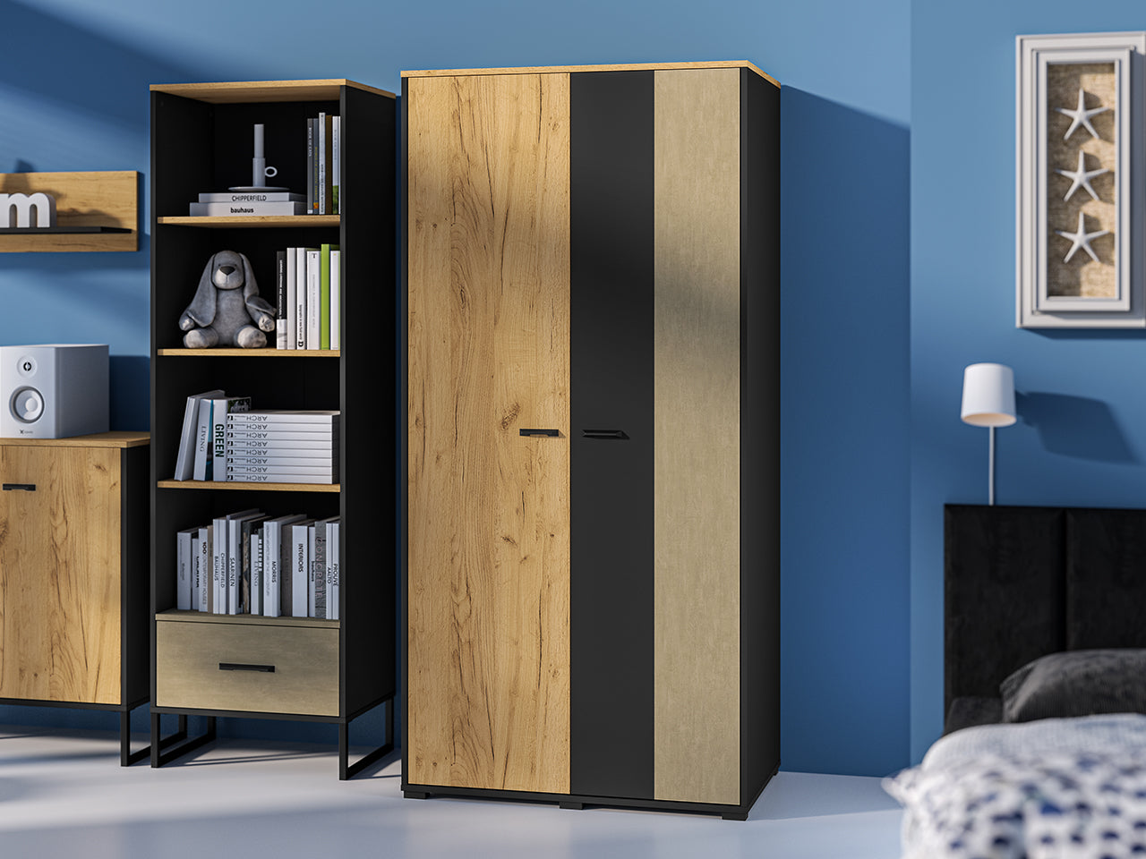 Armoire de Rangement en Chêne Artisan Or et Noir – Finition Acier Premium – Hauteur 190 cm