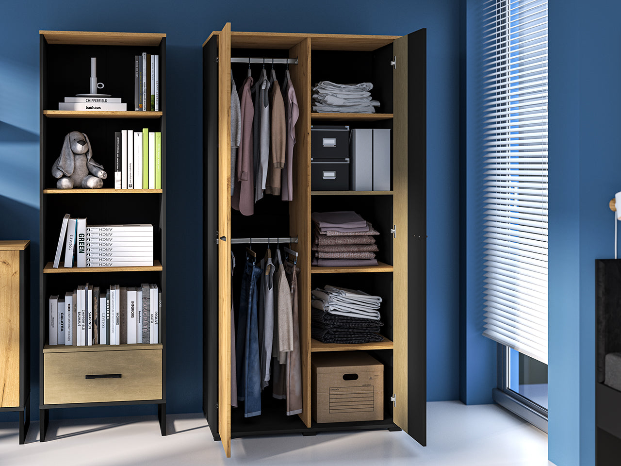 Armoire de Rangement en Chêne Artisan Or et Noir – Finition Acier Premium – Hauteur 190 cm