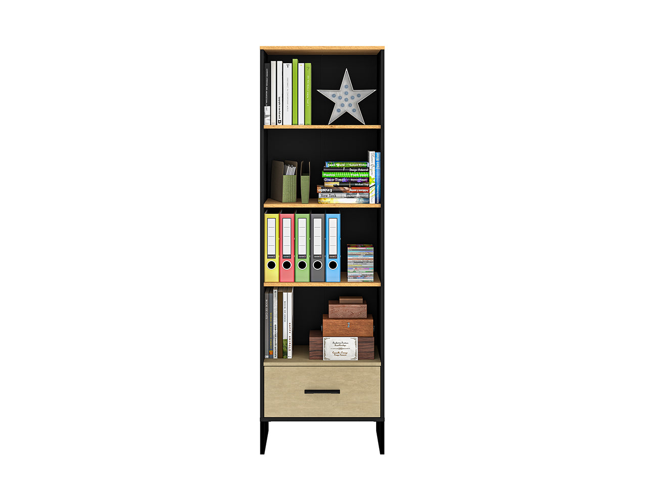 Étagère Haute en Chêne Artisan Or et Noir – Finition Acier Premium – 190 cm de Hauteur