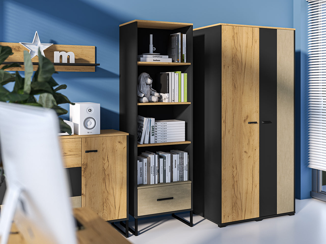 Étagère Haute en Chêne Artisan Or et Noir – Finition Acier Premium – 190 cm de Hauteur