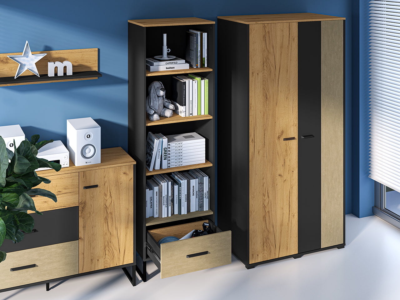 Étagère Haute en Chêne Artisan Or et Noir – Finition Acier Premium – 190 cm de Hauteur