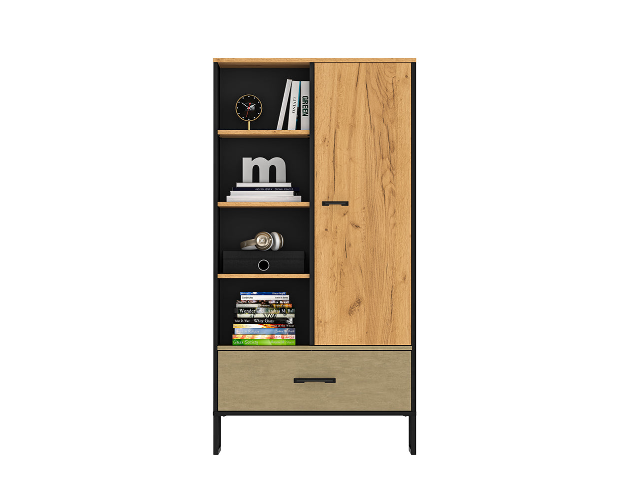 Étagère Moderne en Chêne Artisan Or et Noir – Finition Acier Premium – Tiroirs à Extension Complète – 157 cm