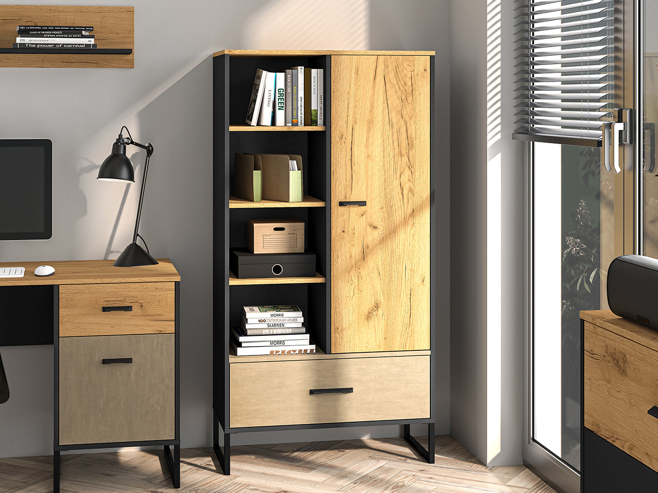 Étagère Moderne en Chêne Artisan Or et Noir – Finition Acier Premium – Tiroirs à Extension Complète – 157 cm