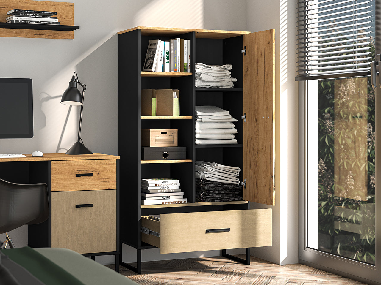 Étagère Moderne en Chêne Artisan Or et Noir – Finition Acier Premium – Tiroirs à Extension Complète – 157 cm