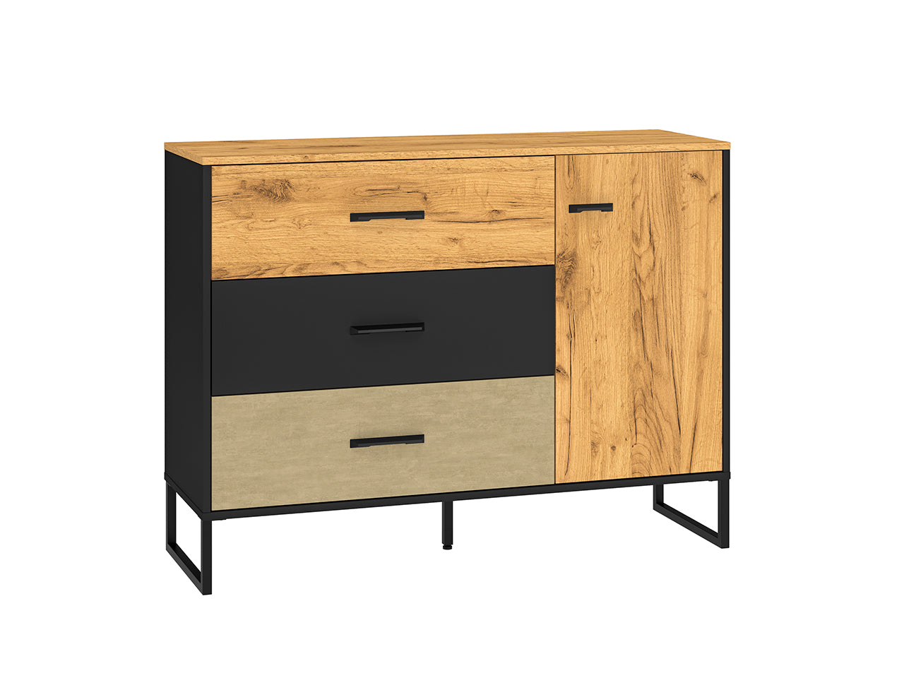 Buffet Design en Chêne Artisan Or et Noir – Tiroirs Renforcés à Extension Complète – Finition Acier Premium – 120 cm
