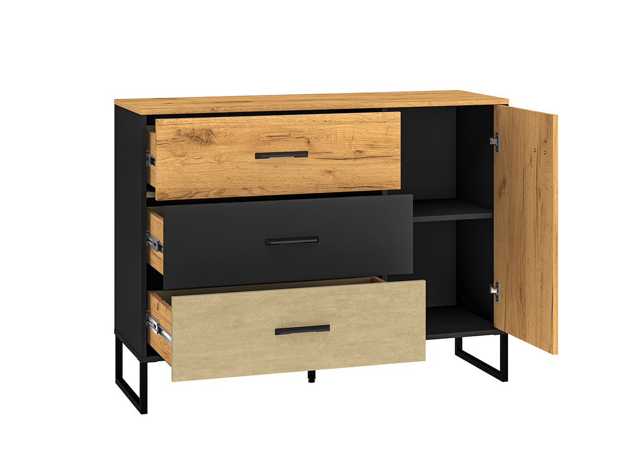 Buffet Design en Chêne Artisan Or et Noir – Tiroirs Renforcés à Extension Complète – Finition Acier Premium – 120 cm