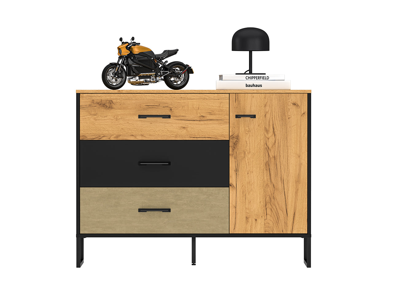 Buffet Design en Chêne Artisan Or et Noir – Tiroirs Renforcés à Extension Complète – Finition Acier Premium – 120 cm