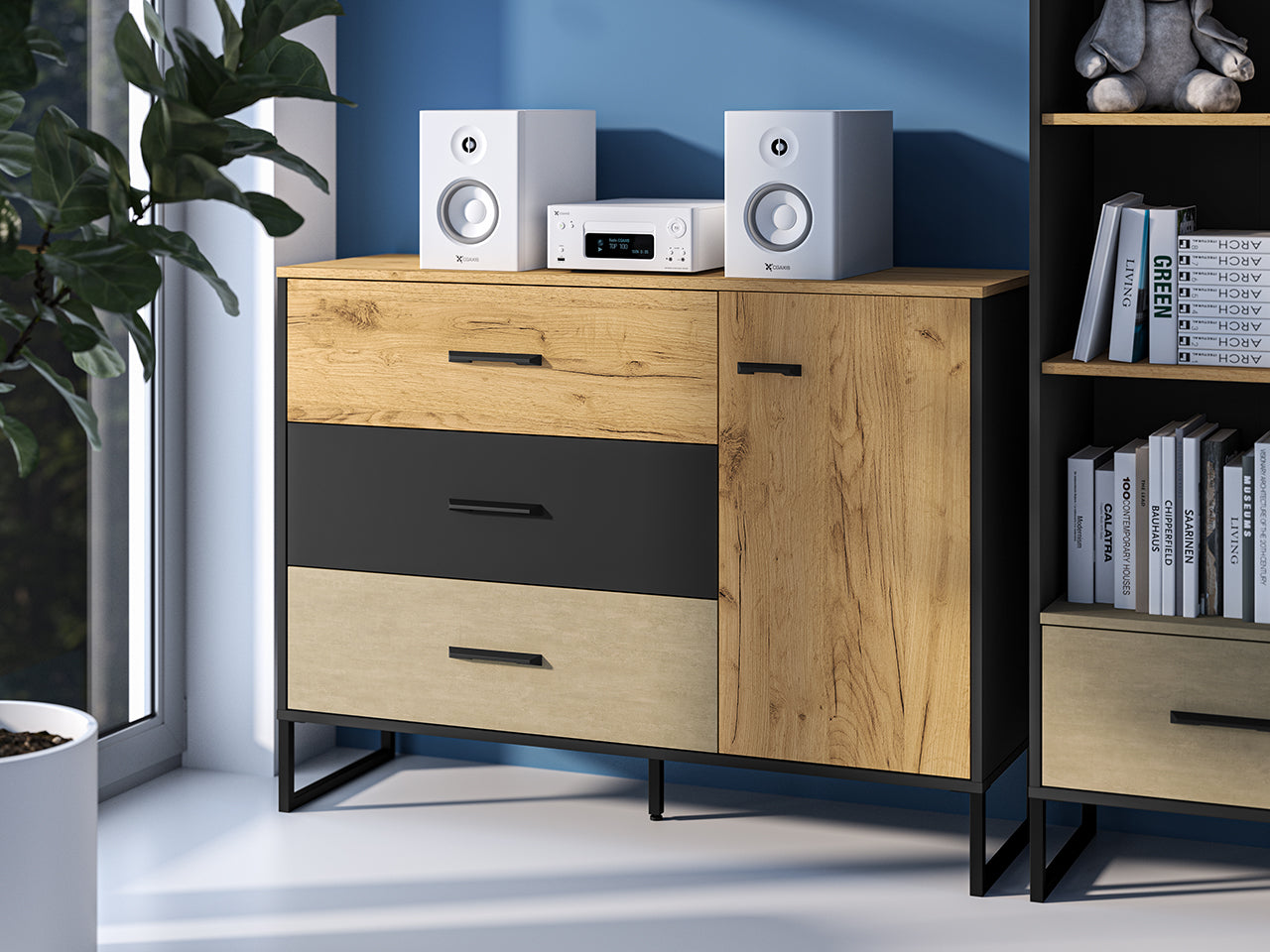 Buffet Design en Chêne Artisan Or et Noir – Tiroirs Renforcés à Extension Complète – Finition Acier Premium – 120 cm