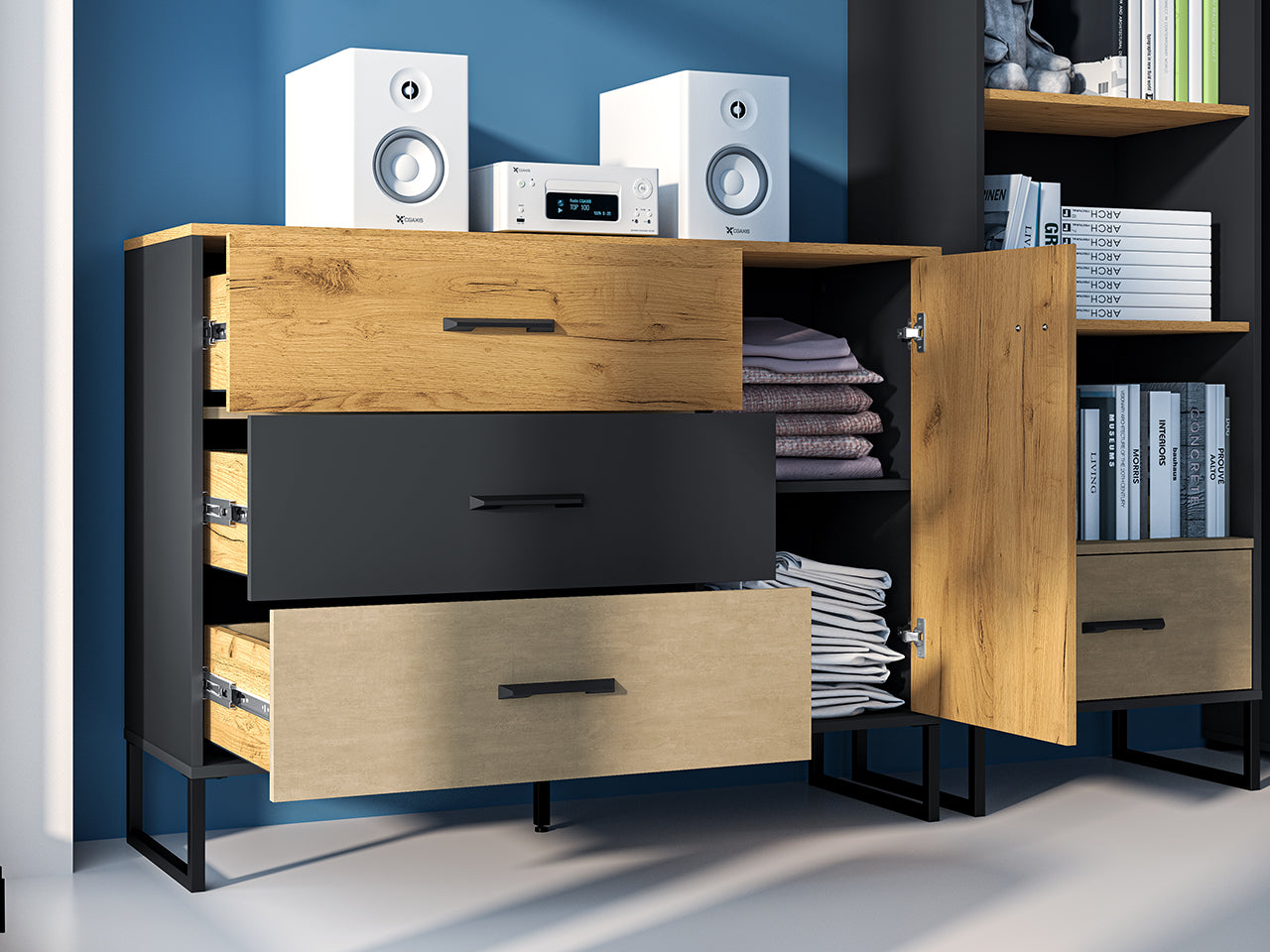 Buffet Design en Chêne Artisan Or et Noir – Tiroirs Renforcés à Extension Complète – Finition Acier Premium – 120 cm