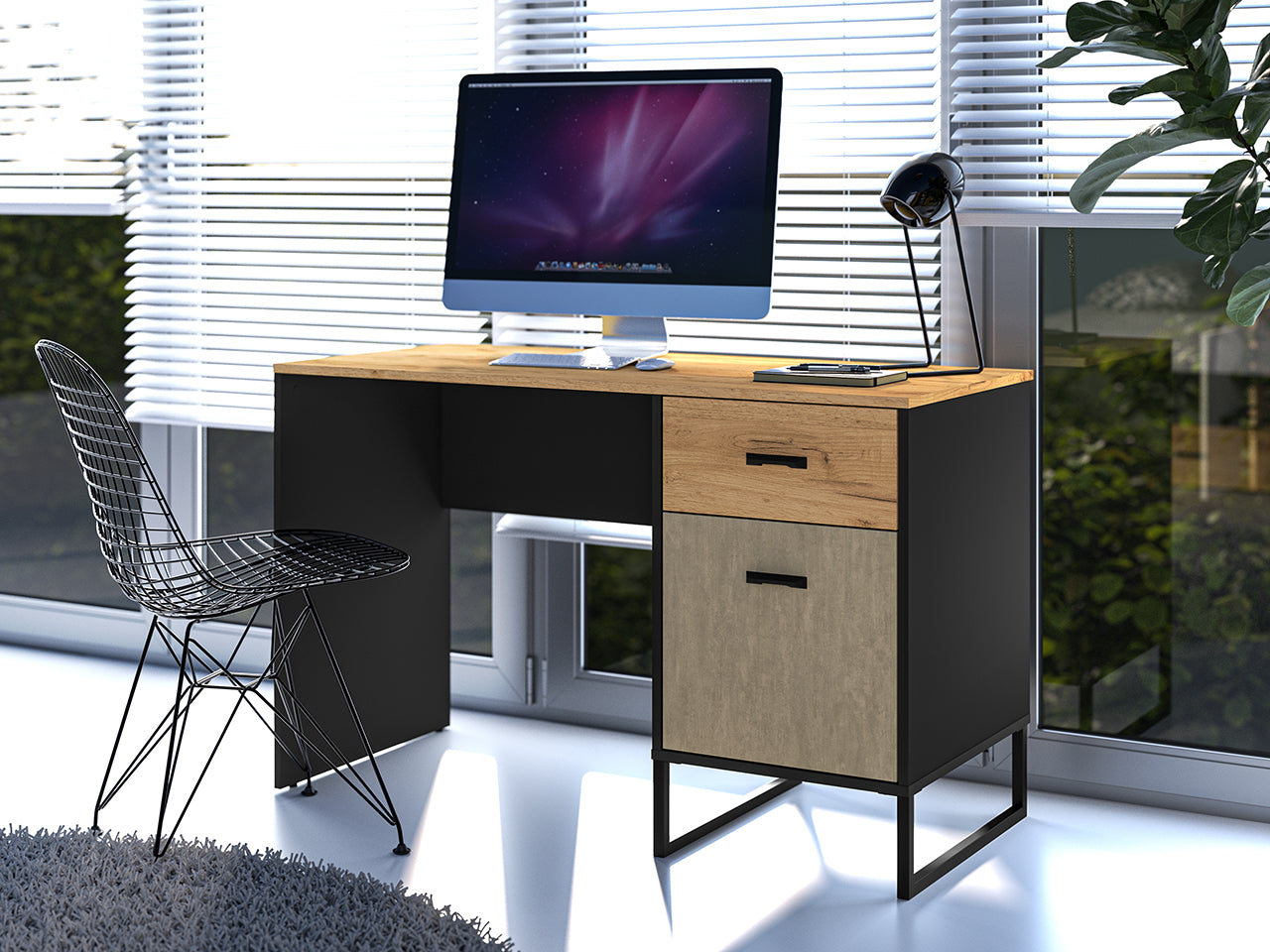 Bureau Design en Chêne Artisan Or et Noir – Plateau Résistant et Finitions Acier Premium – 120 cm