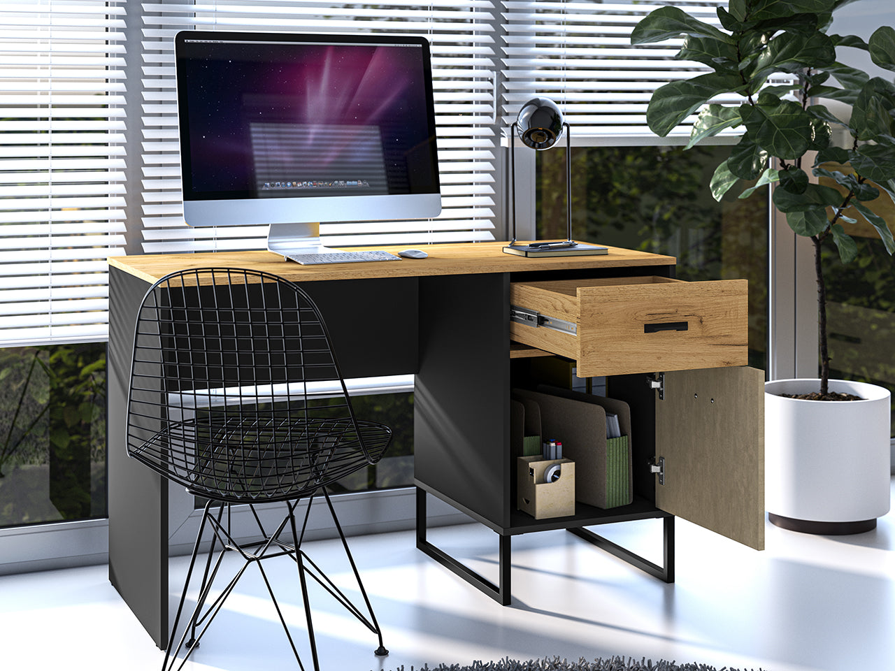 Bureau Design en Chêne Artisan Or et Noir – Plateau Résistant et Finitions Acier Premium – 120 cm