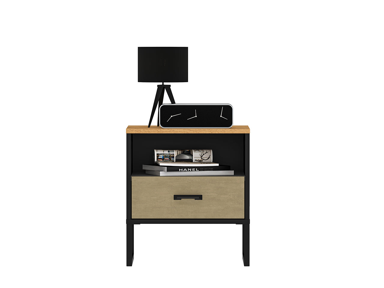 Table de Nuit Design en Chêne Artisan Or et Noir – Plateau Résistant – Finitions Acier Premium – 50 cm