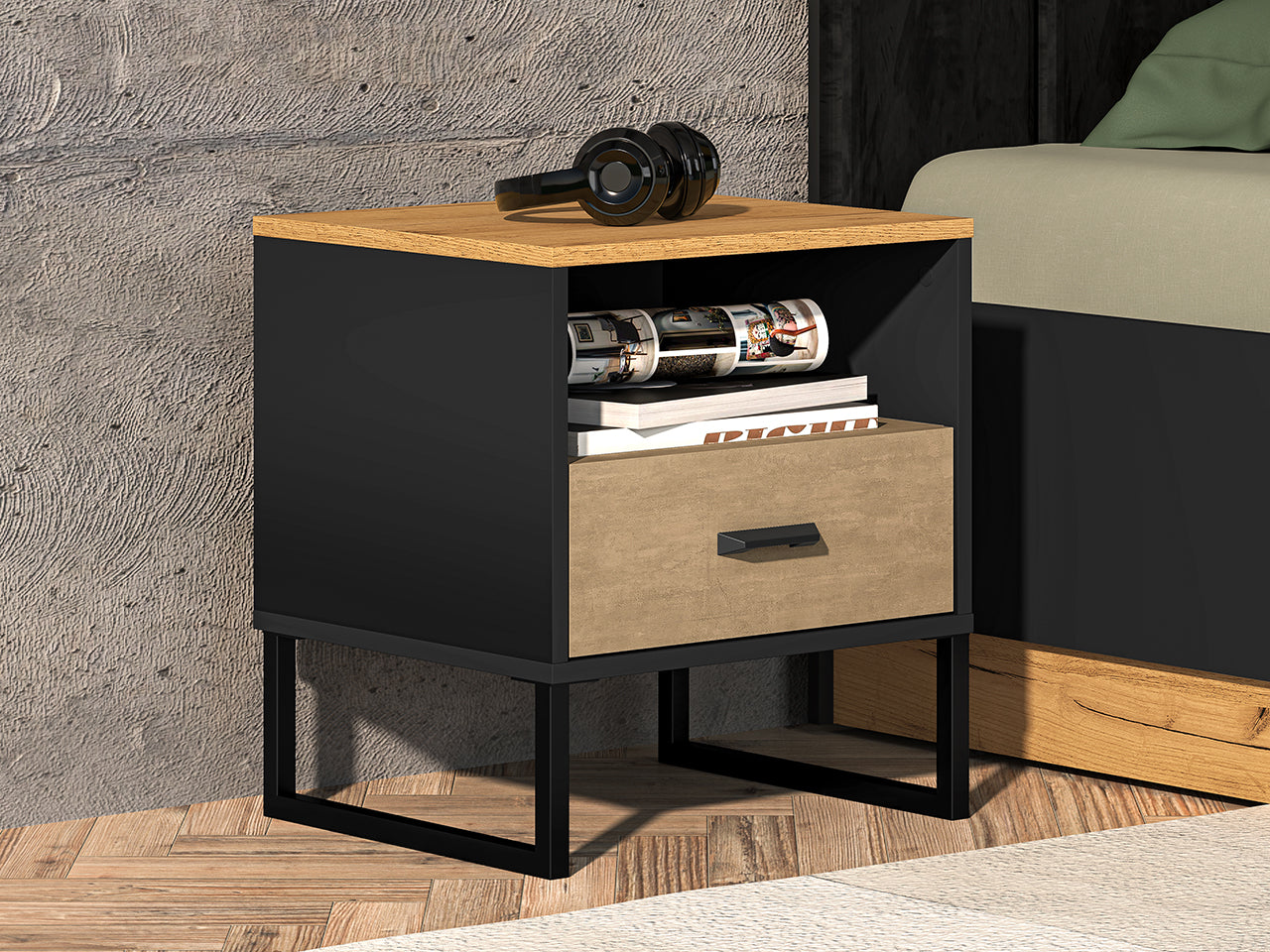 Table de Nuit Design en Chêne Artisan Or et Noir – Plateau Résistant – Finitions Acier Premium – 50 cm