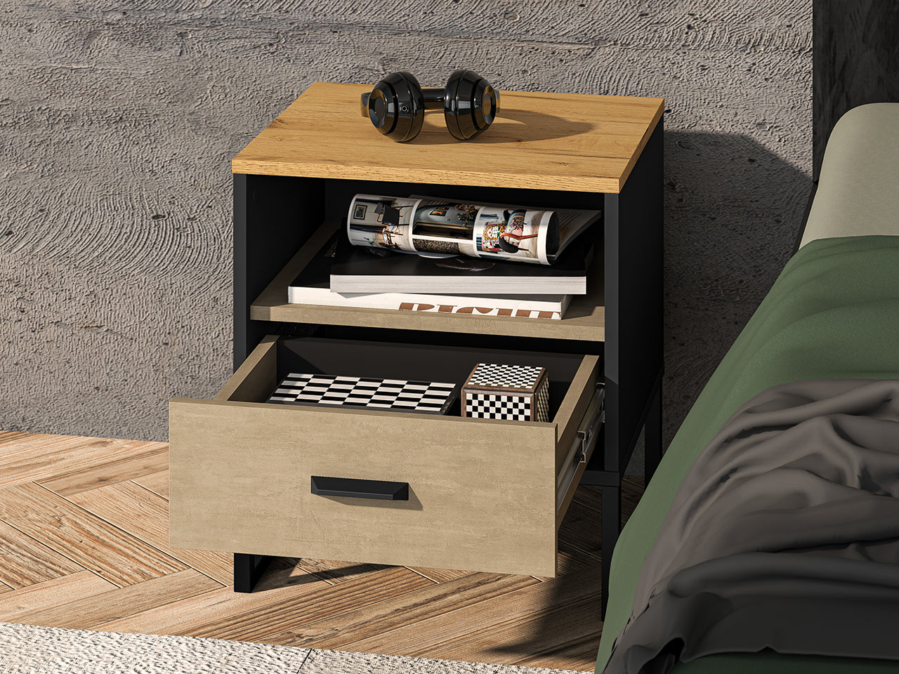 Table de Nuit Design en Chêne Artisan Or et Noir – Plateau Résistant – Finitions Acier Premium – 50 cm
