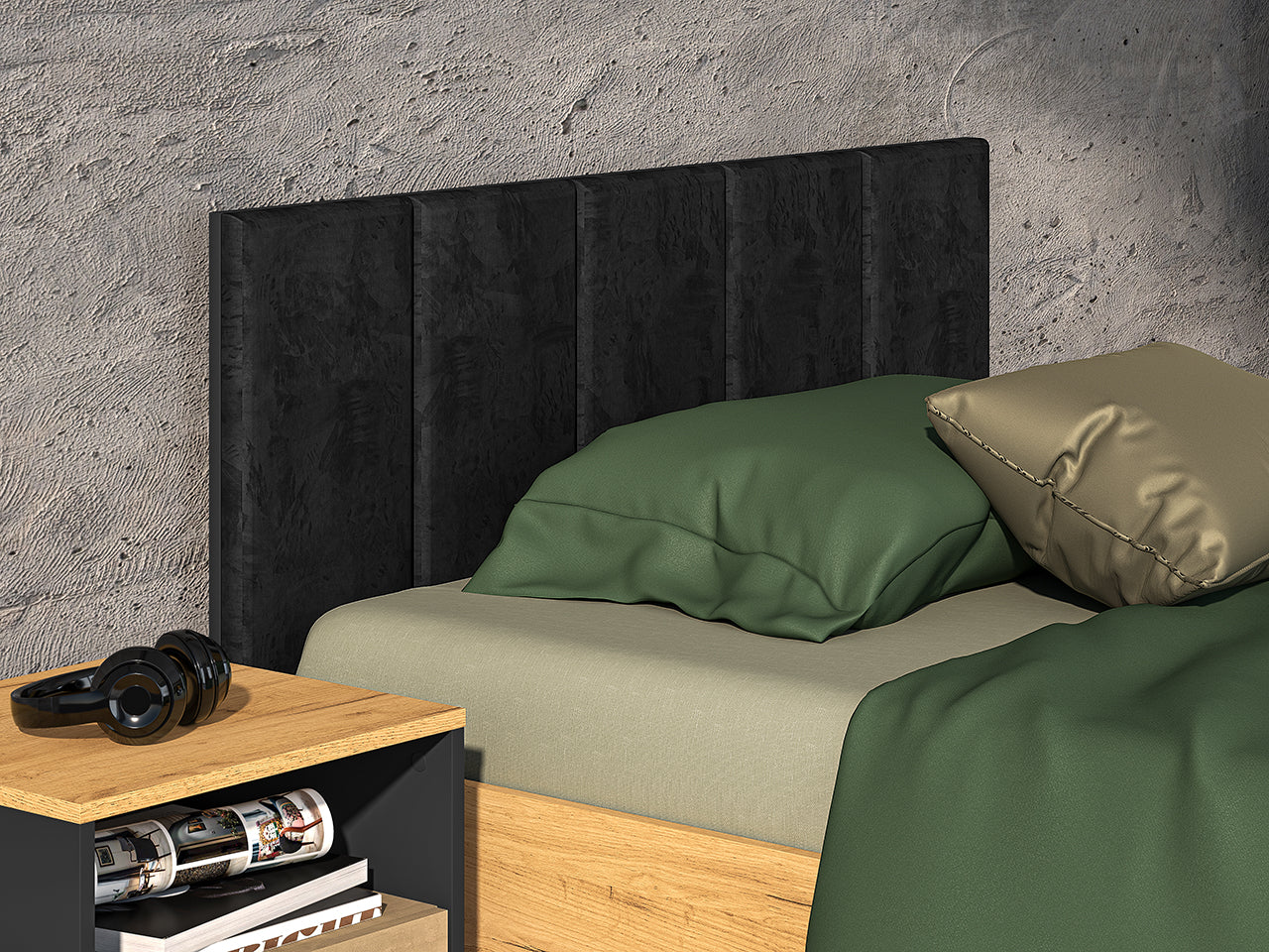 Lit en Chêne Craft Or et Noir avec Appuie-Tête en Velours Noir – Design Élégant et Résistant