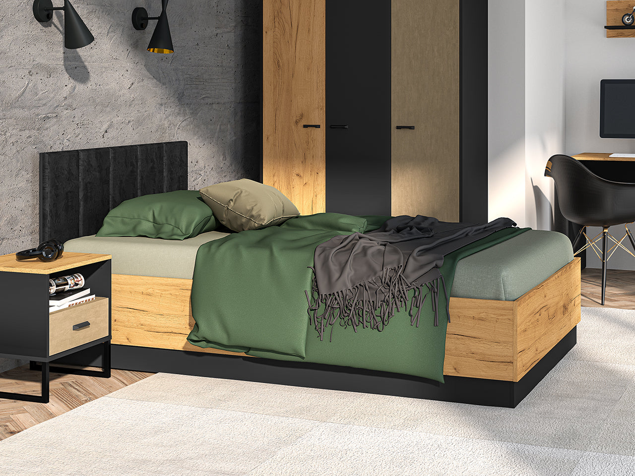 Lit en Chêne Craft Or et Noir avec Appuie-Tête en Velours Noir – Design Élégant et Résistant
