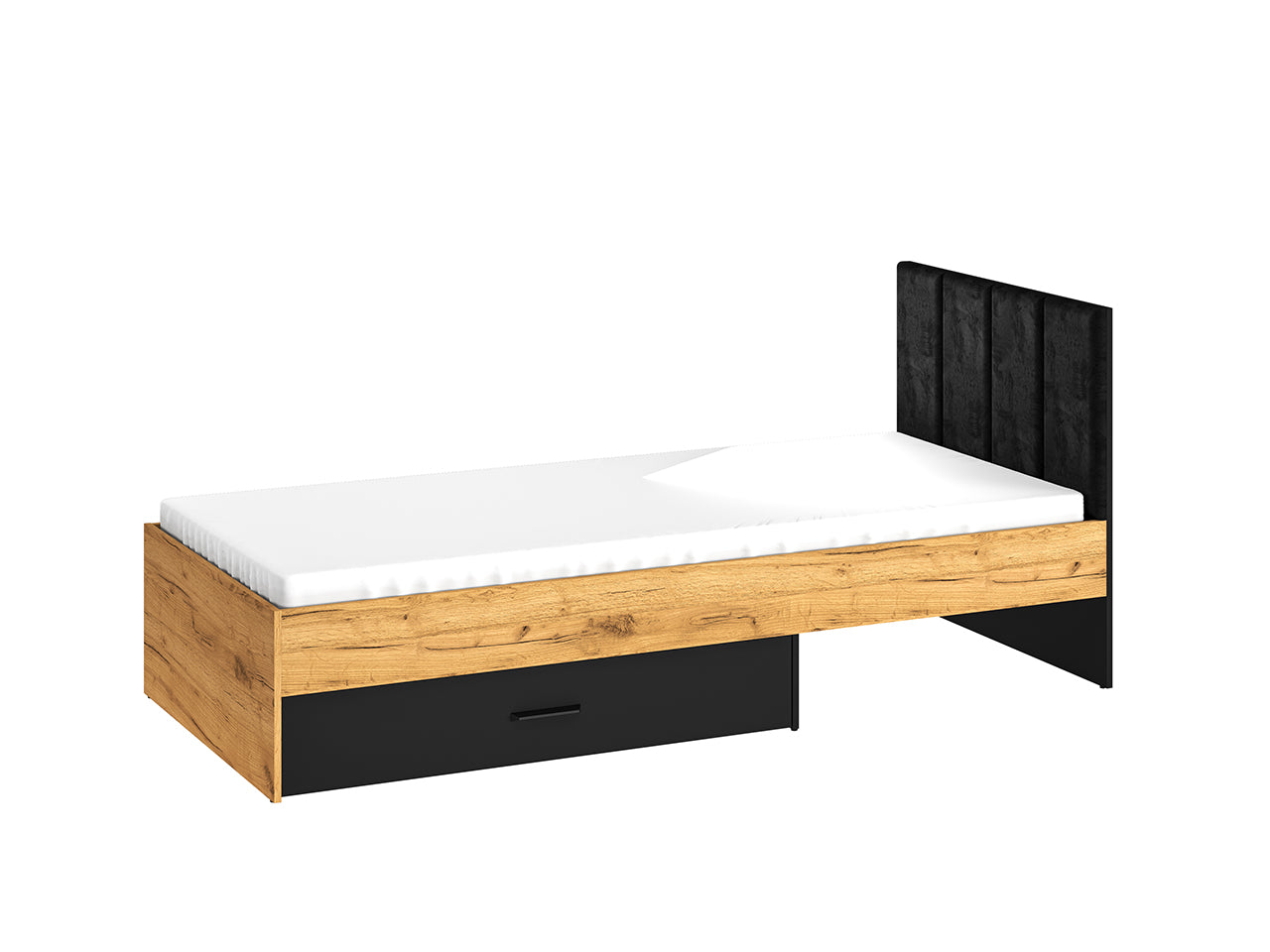 Lit en Chêne Craft Or et Noir avec Tête de Lit en Velours Noir – Design Moderne et Résistant