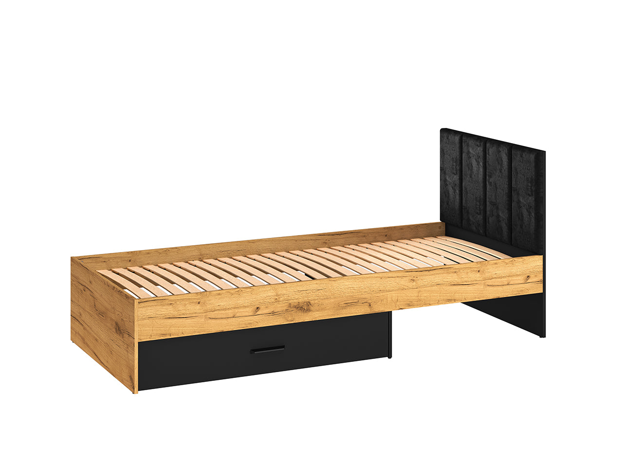 Lit en Chêne Craft Or et Noir avec Tête de Lit en Velours Noir – Design Moderne et Résistant