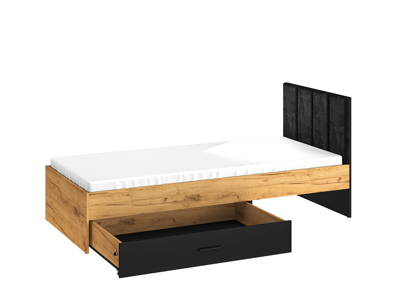 Lit en Chêne Craft Or et Noir avec Tête de Lit en Velours Noir – Design Moderne et Résistant