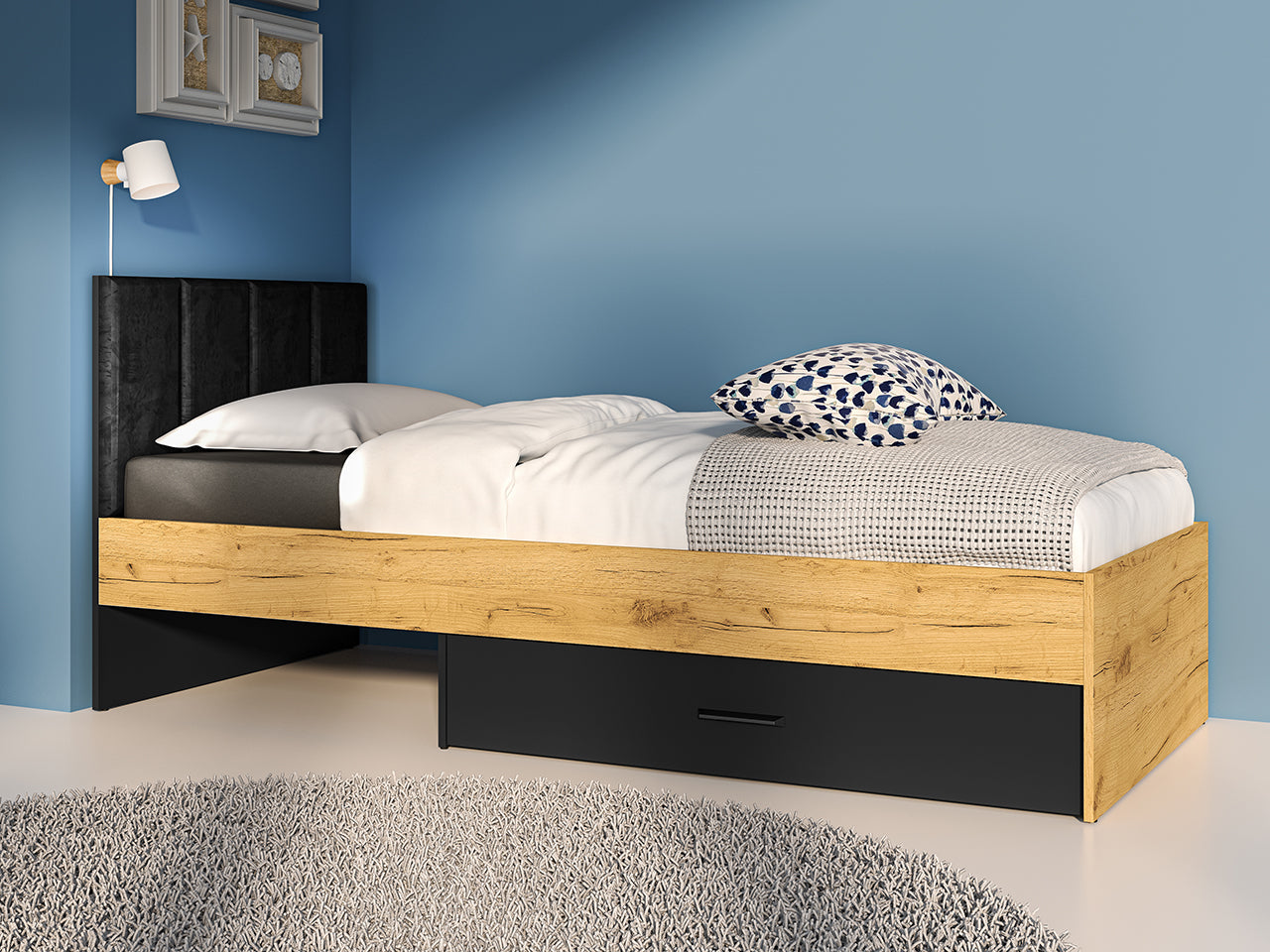 Lit en Chêne Craft Or et Noir avec Tête de Lit en Velours Noir – Design Moderne et Résistant