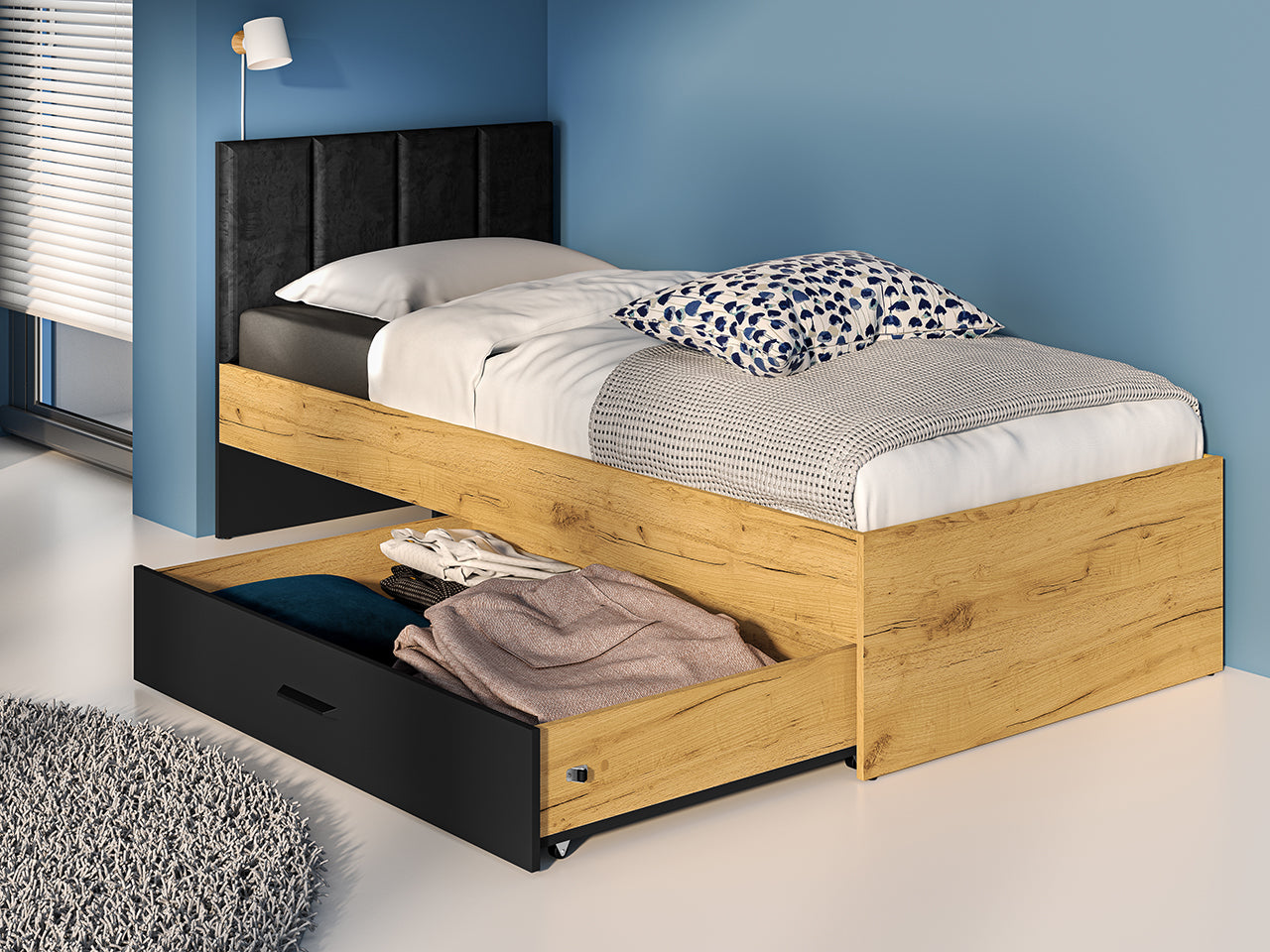 Lit en Chêne Craft Or et Noir avec Tête de Lit en Velours Noir – Design Moderne et Résistant