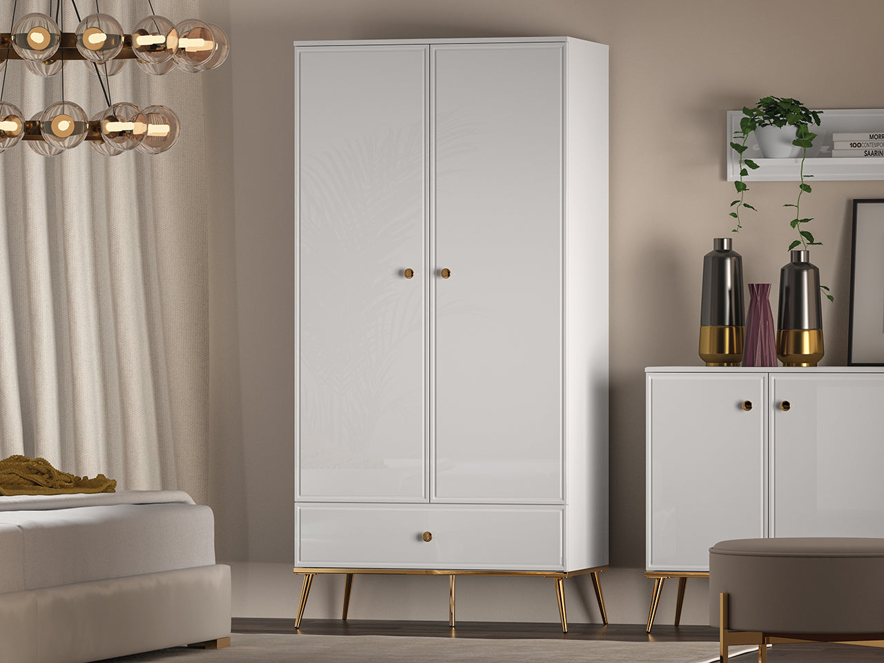 Garde-Robe Blanc Brillant avec Tiroir à Extension Complète et Renfort de Fond – Panneau Laminé Haute Qualité