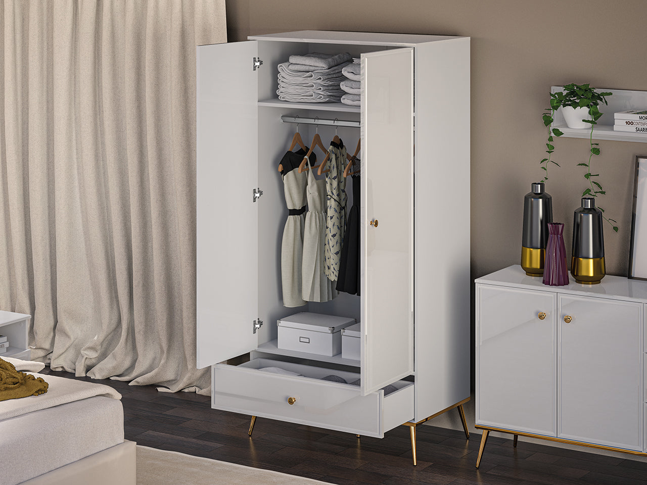 Garde-Robe Blanc Brillant avec Tiroir à Extension Complète et Renfort de Fond – Panneau Laminé Haute Qualité