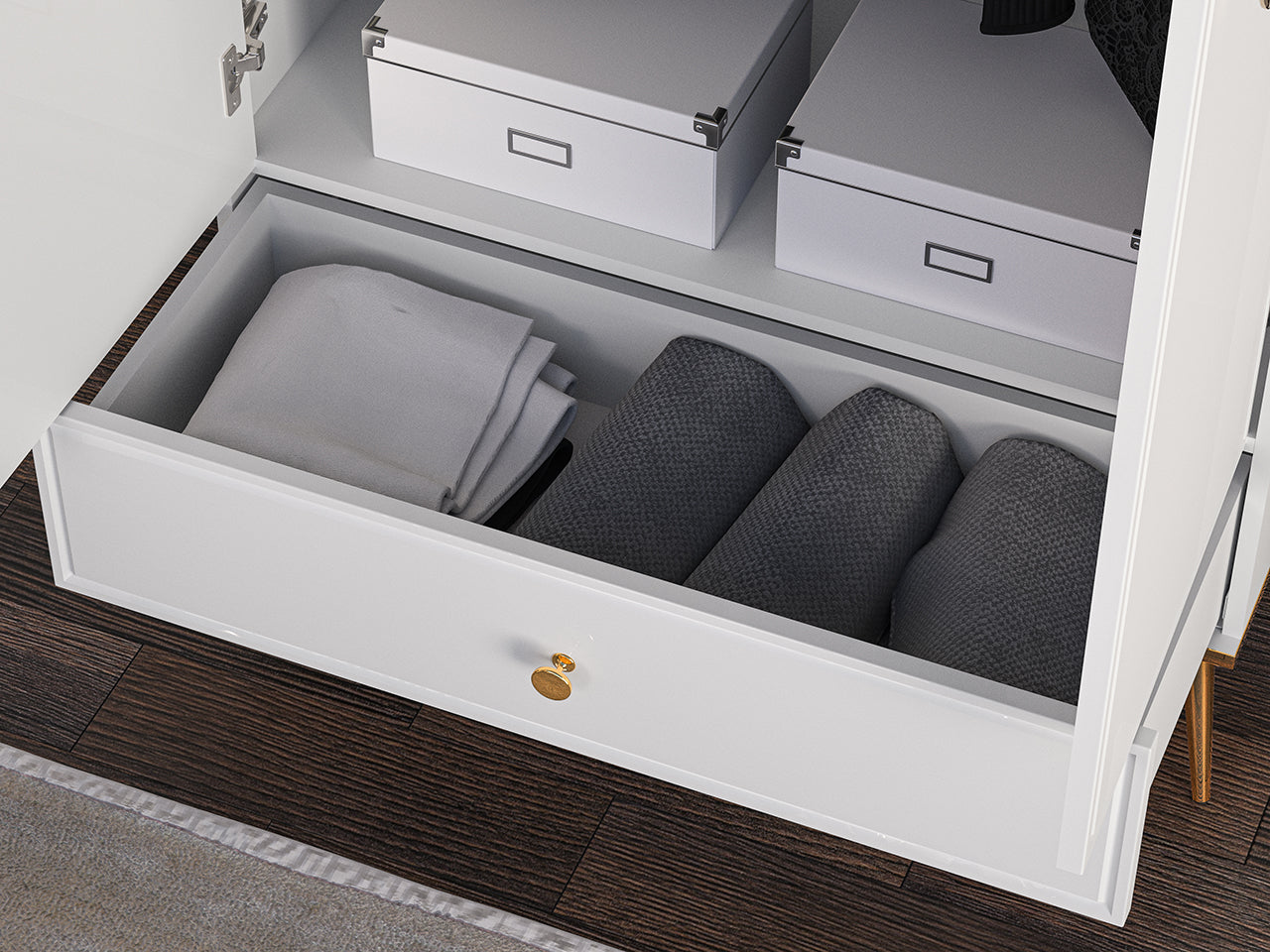 Garde-Robe Blanc Brillant avec Tiroir à Extension Complète et Renfort de Fond – Panneau Laminé Haute Qualité