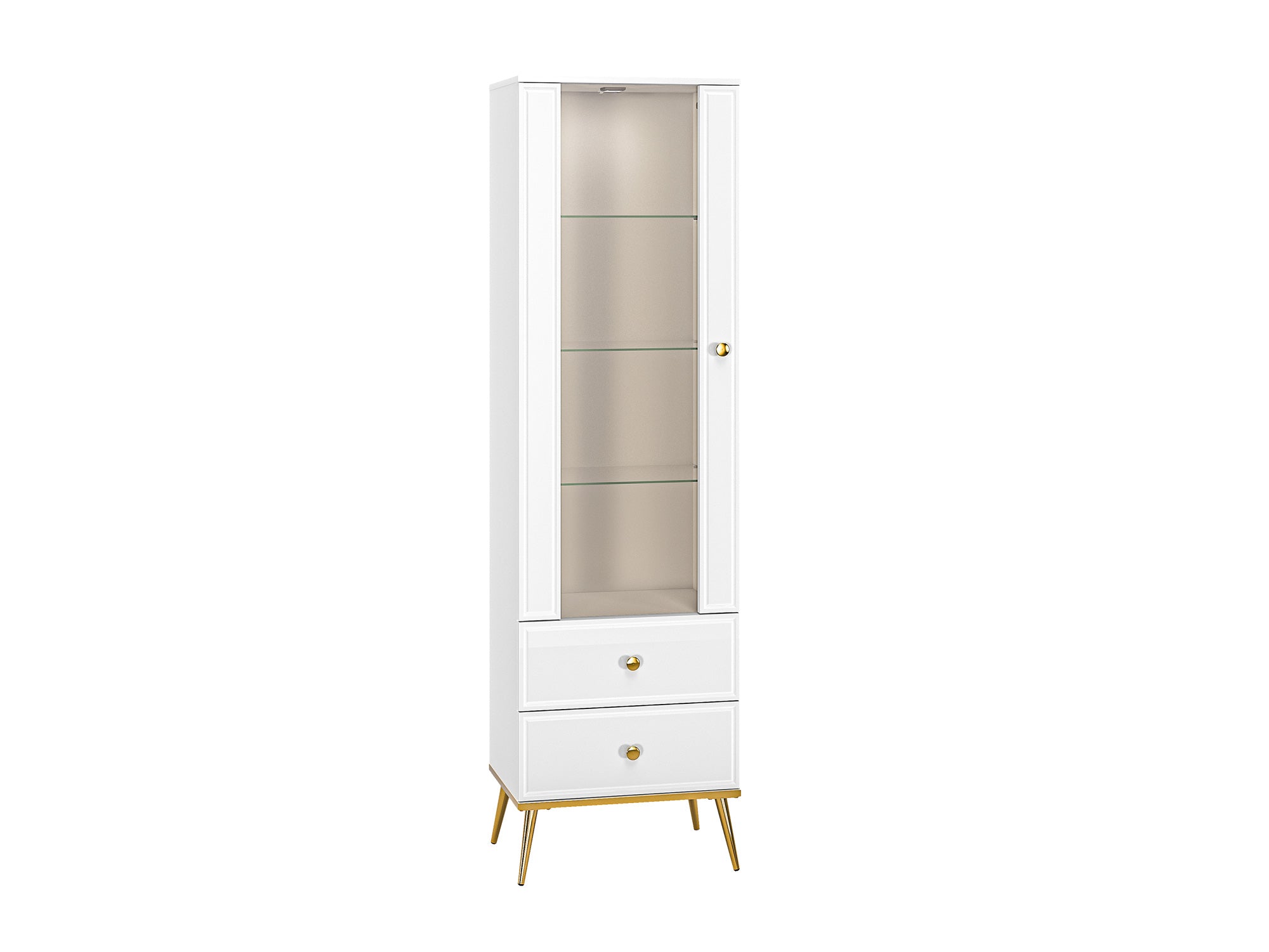 Vitrine Blanc Brillant avec Verre Trempé et Tiroir à Extension Complète – Interrupteur Tactile et Fonctionnalité Droite-Gauche