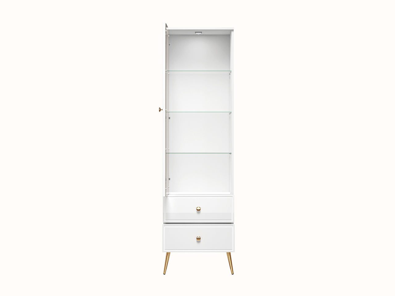 Vitrine Blanc Brillant avec Verre Trempé et Tiroir à Extension Complète – Interrupteur Tactile et Fonctionnalité Droite-Gauche