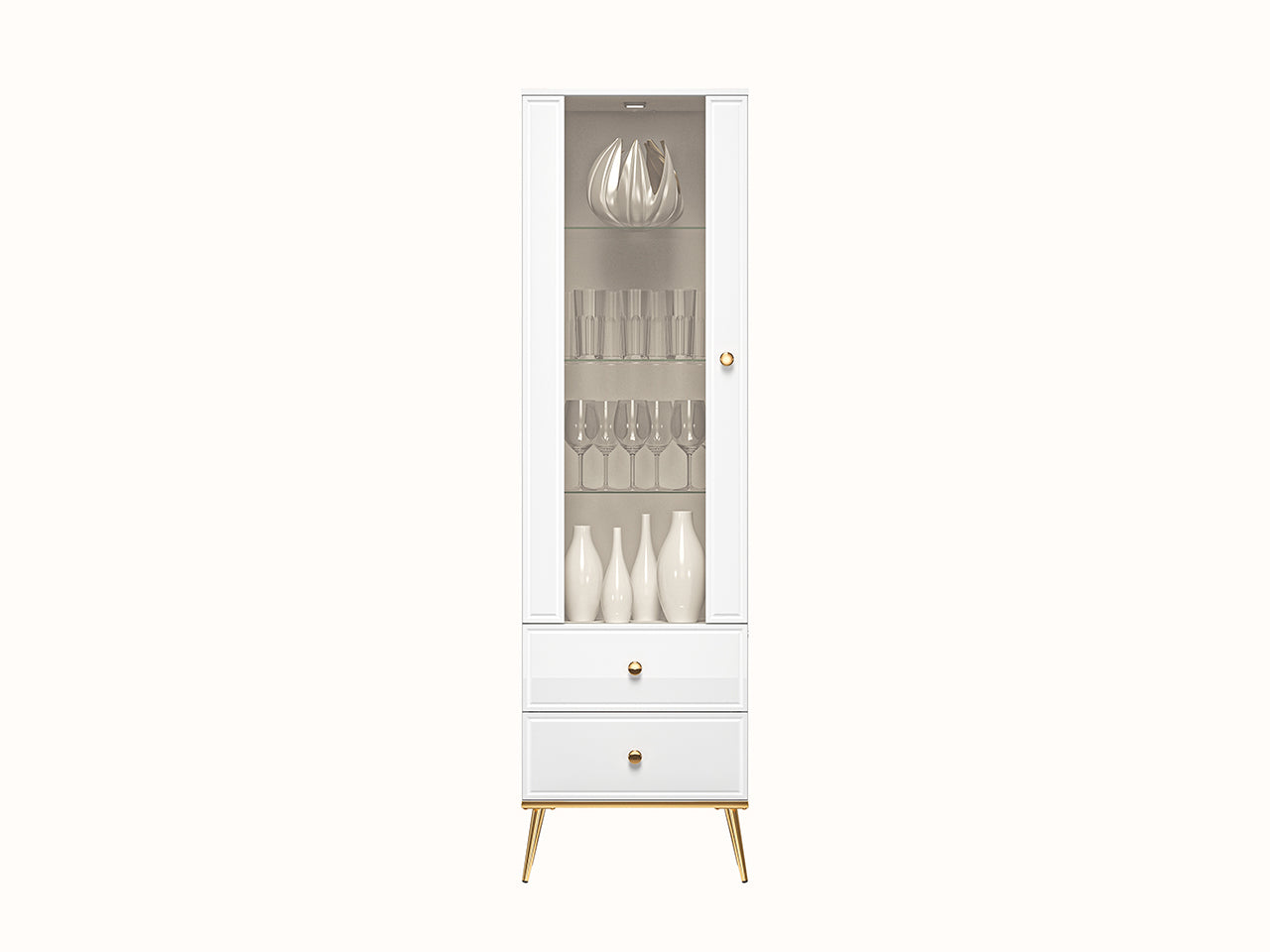 Vitrine Blanc Brillant avec Verre Trempé et Tiroir à Extension Complète – Interrupteur Tactile et Fonctionnalité Droite-Gauche