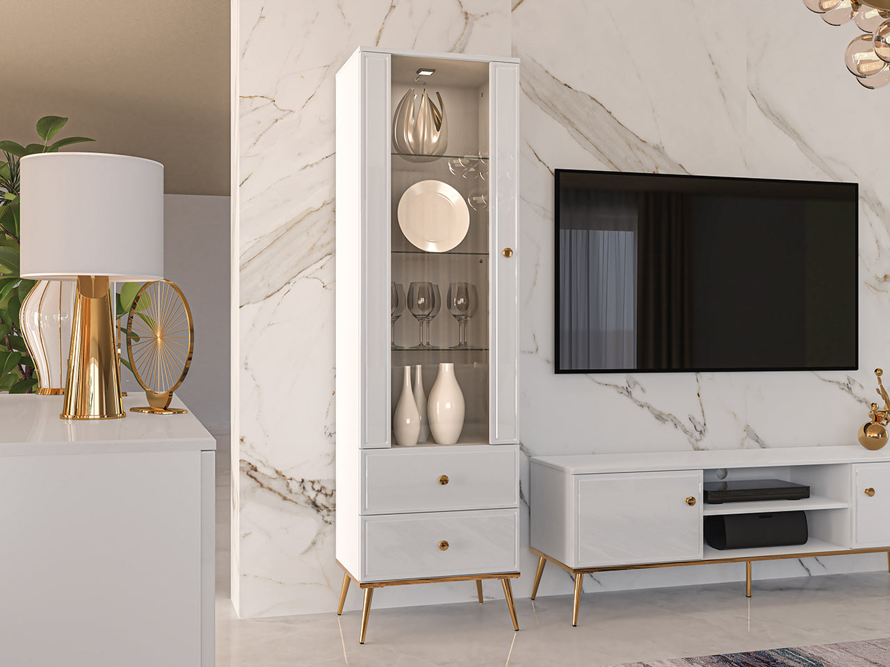 Vitrine Blanc Brillant avec Verre Trempé et Tiroir à Extension Complète – Interrupteur Tactile et Fonctionnalité Droite-Gauche