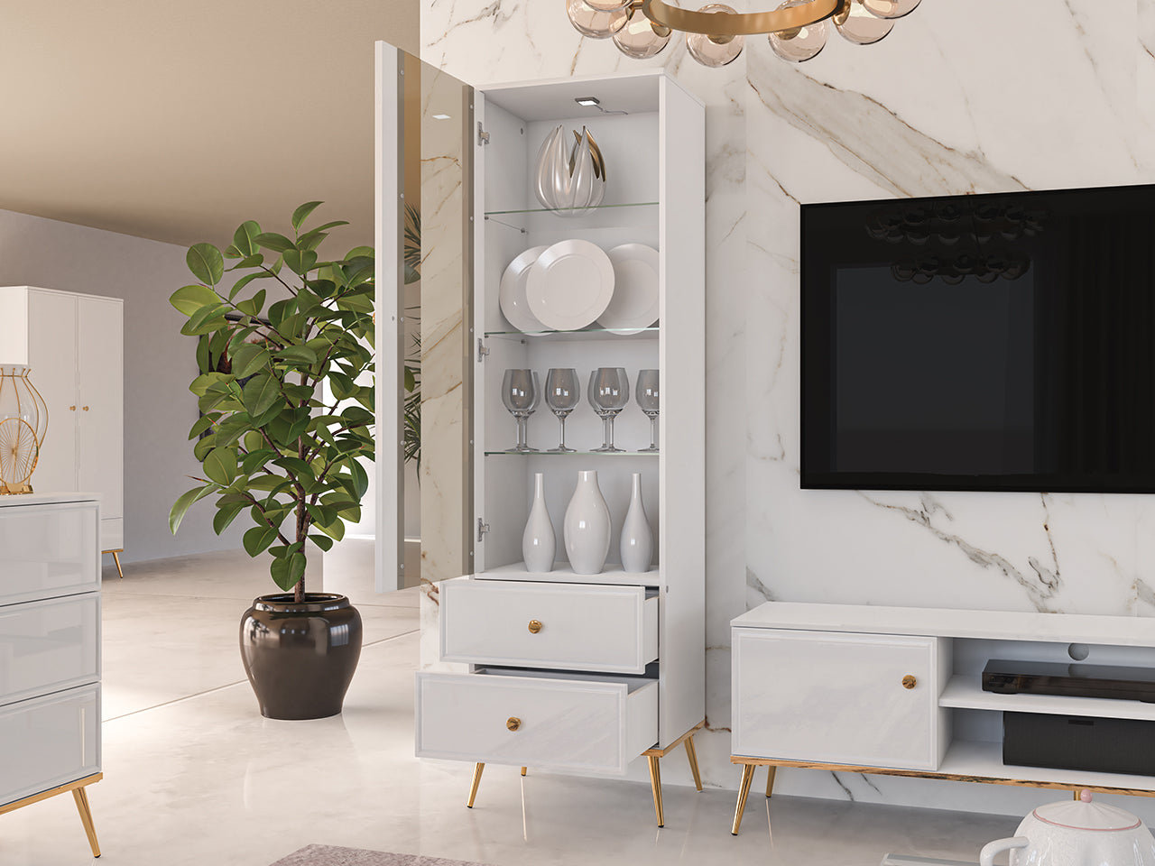 Vitrine Blanc Brillant avec Verre Trempé et Tiroir à Extension Complète – Interrupteur Tactile et Fonctionnalité Droite-Gauche