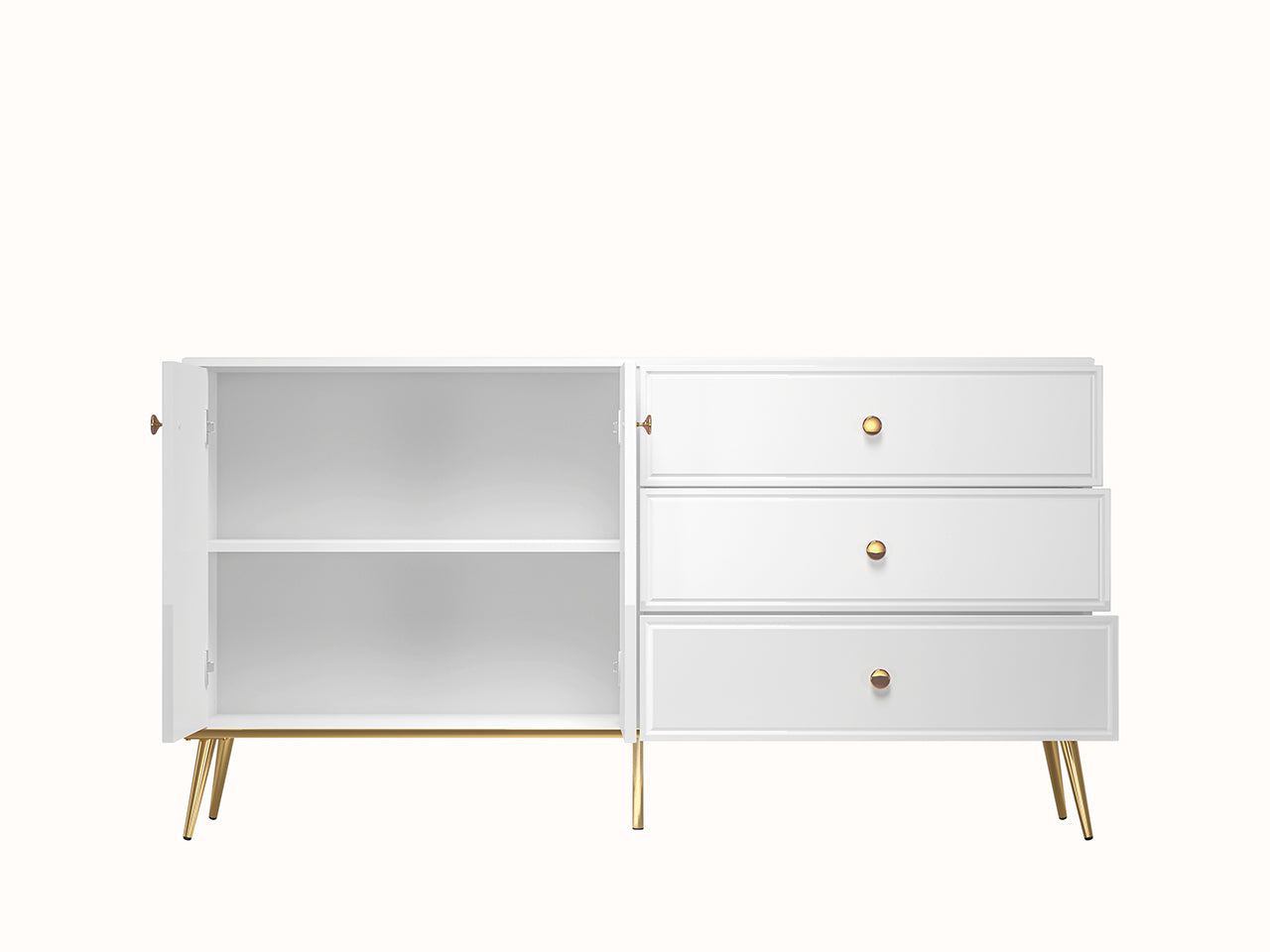 Buffet Blanc Brillant – Tiroir à Extension Complète, Bordure ABS, MDF de Haute Qualité, Résistant à l'Humidité