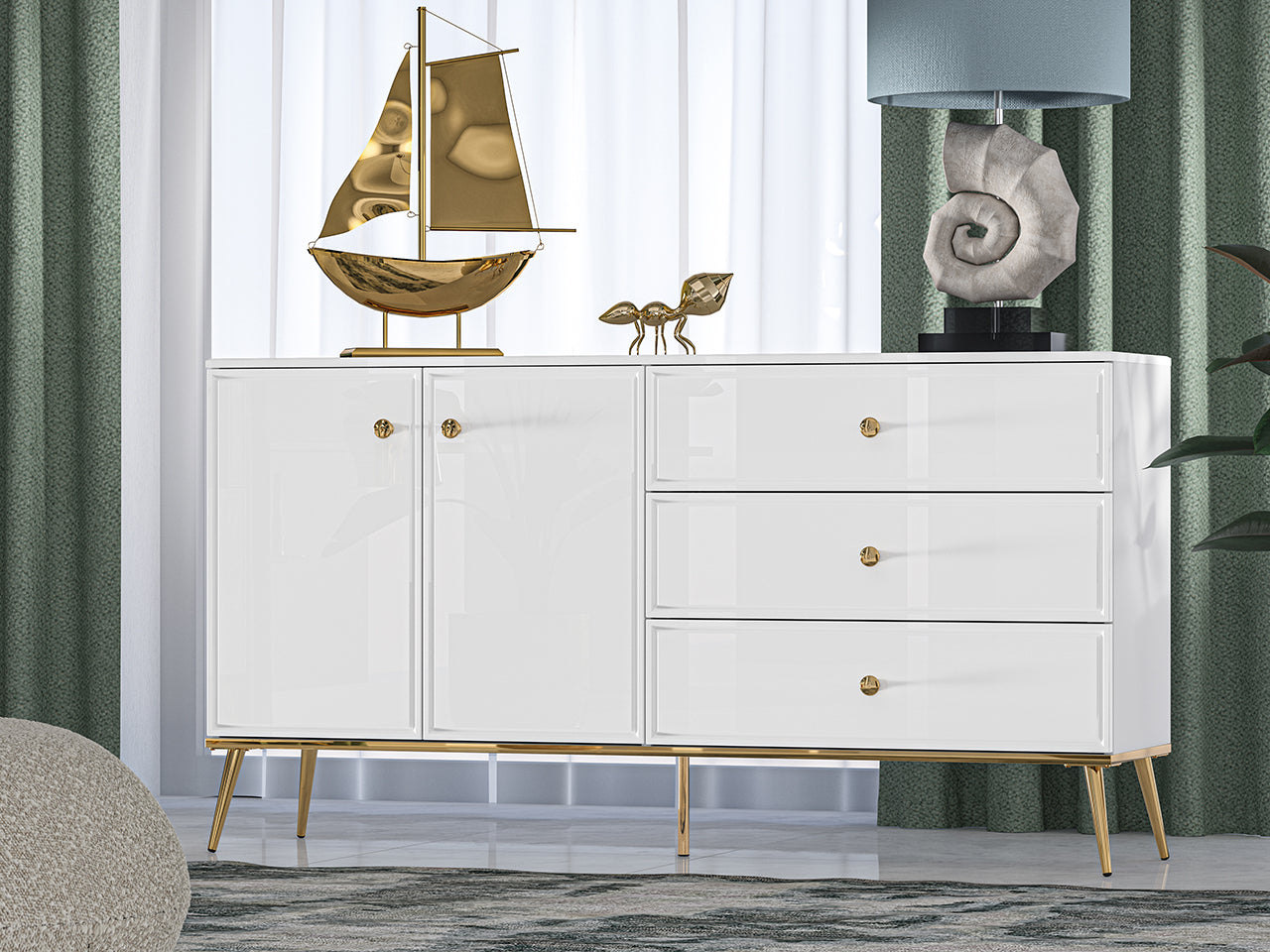 Buffet Blanc Brillant – Tiroir à Extension Complète, Bordure ABS, MDF de Haute Qualité, Résistant à l'Humidité