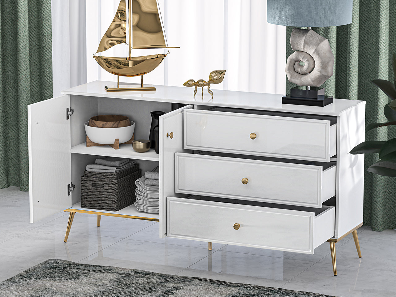 Buffet Blanc Brillant – Tiroir à Extension Complète, Bordure ABS, MDF de Haute Qualité, Résistant à l'Humidité