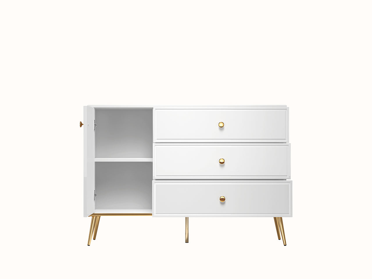 Buffet Blanc Brillant – Tiroir à Extension Complète, Bordure ABS, MDF de Haute Qualité, Résistant à l'Humidité