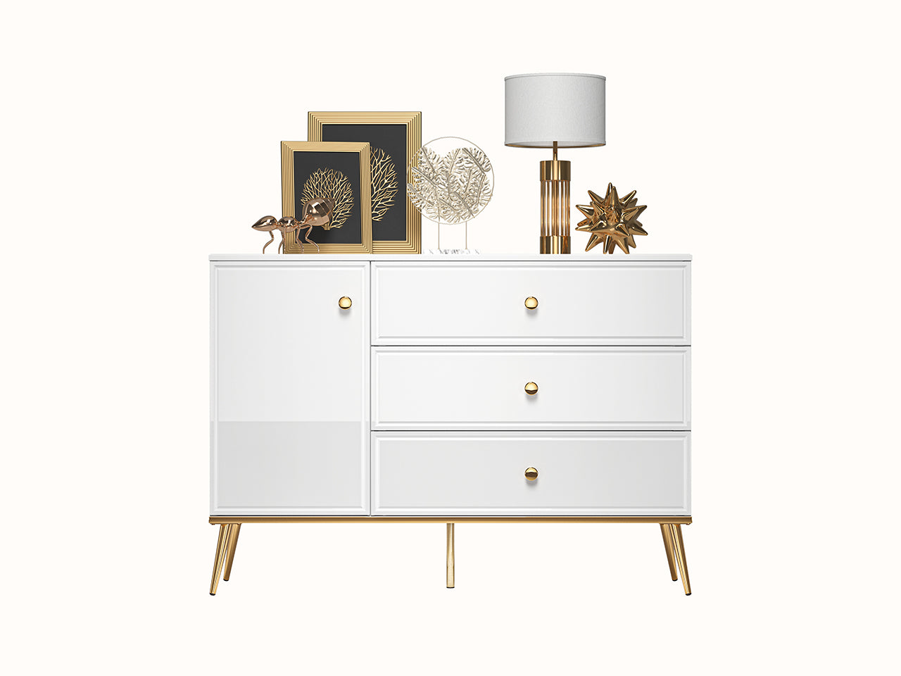 Buffet Blanc Brillant – Tiroir à Extension Complète, Bordure ABS, MDF de Haute Qualité, Résistant à l'Humidité