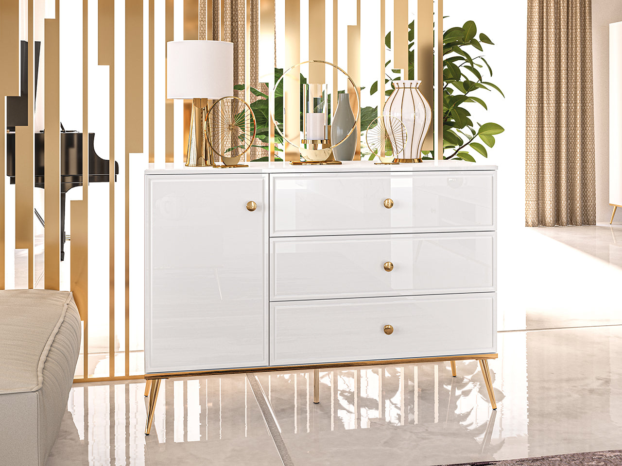 Buffet Blanc Brillant – Tiroir à Extension Complète, Bordure ABS, MDF de Haute Qualité, Résistant à l'Humidité