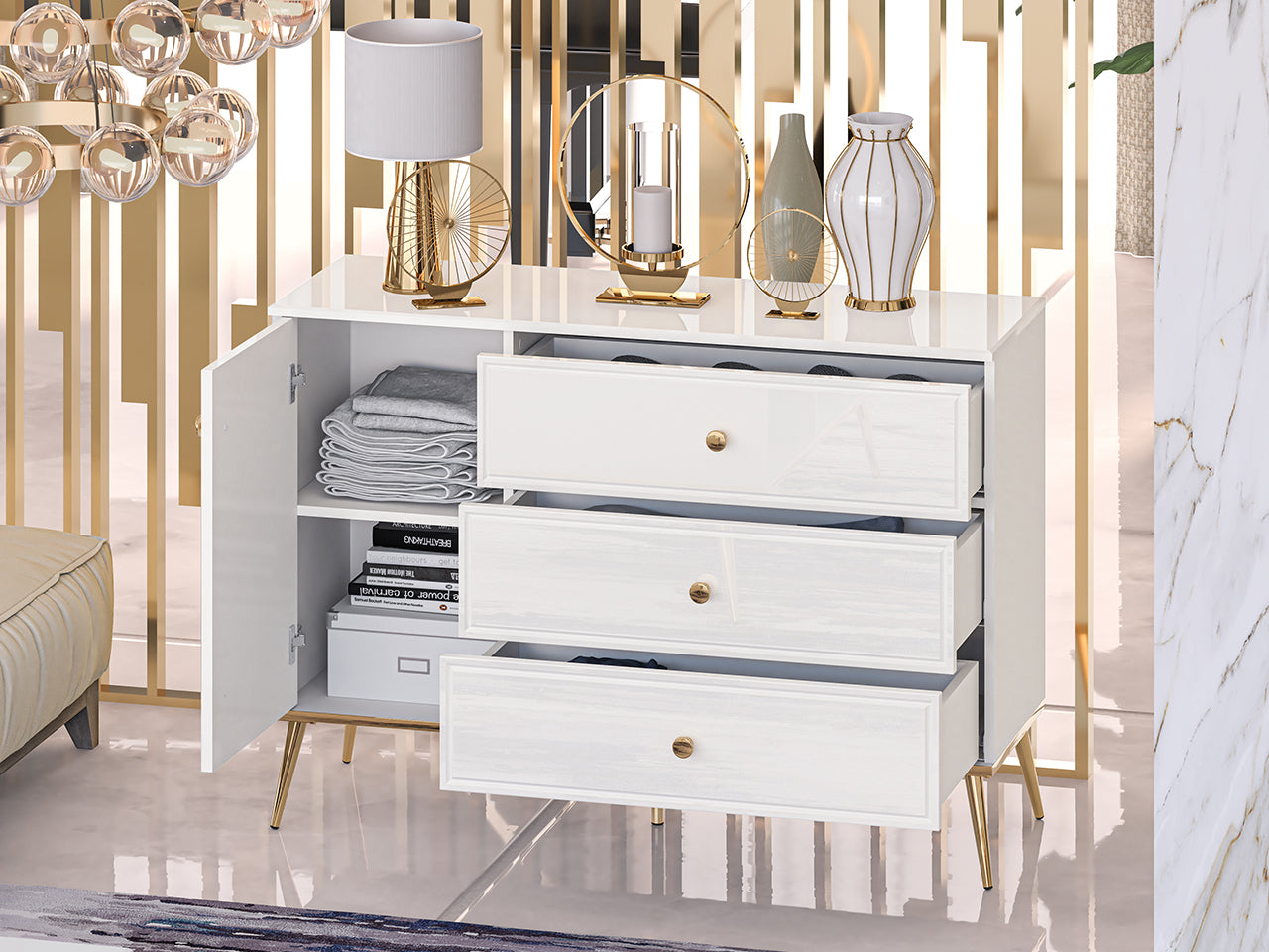 Buffet Blanc Brillant – Tiroir à Extension Complète, Bordure ABS, MDF de Haute Qualité, Résistant à l'Humidité