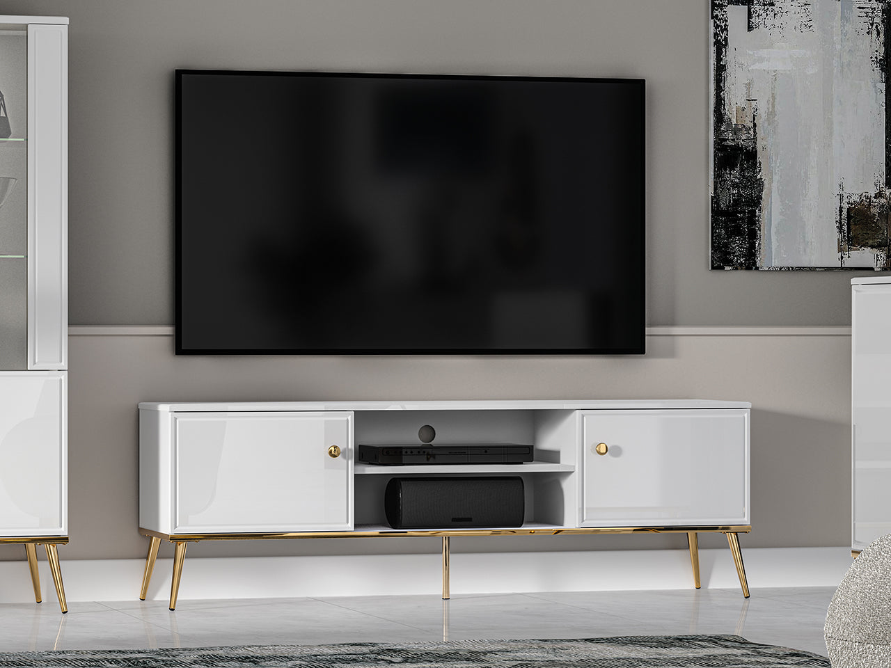 Meuble TV Blanc Brillant – Design Moderne avec Bordure ABS, MDF de Haute Qualité, Résistant à l'Humidité