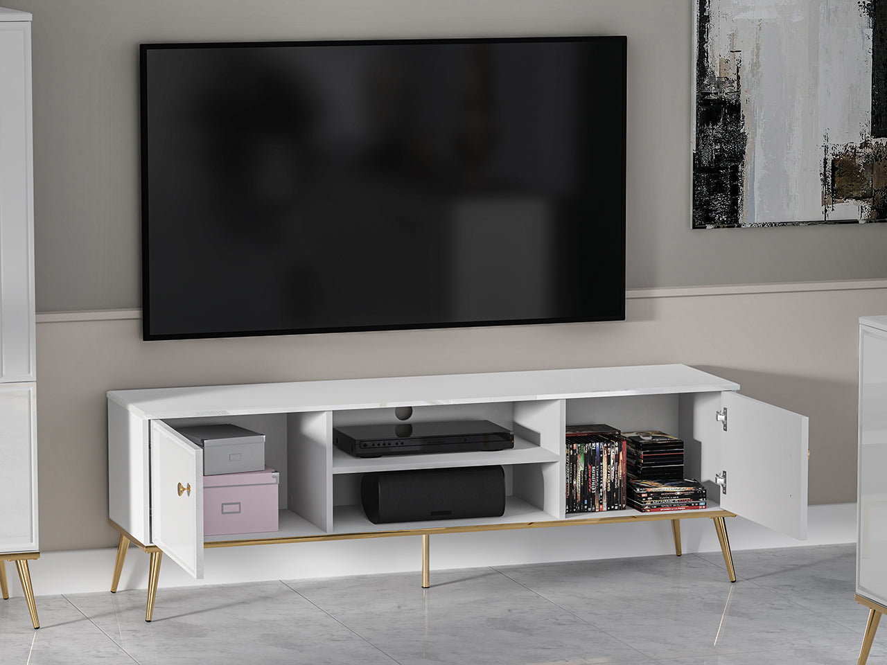 Meuble TV Blanc Brillant – Design Moderne avec Bordure ABS, MDF de Haute Qualité, Résistant à l'Humidité