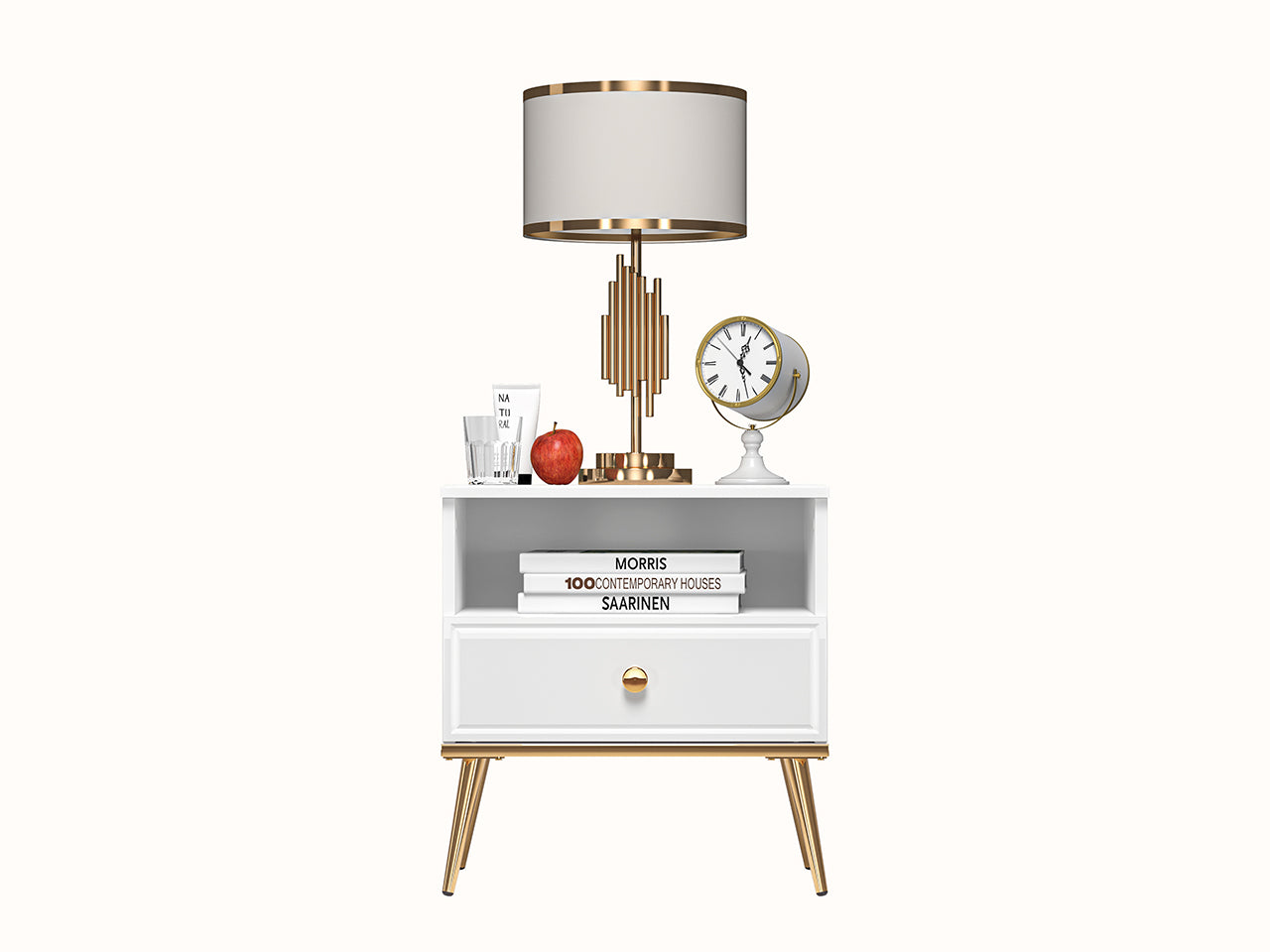 Table de Nuit Blanc Brillant – Design Moderne avec Tiroir à Extension Complète, Bordure ABS et MDF de Haute Qualité