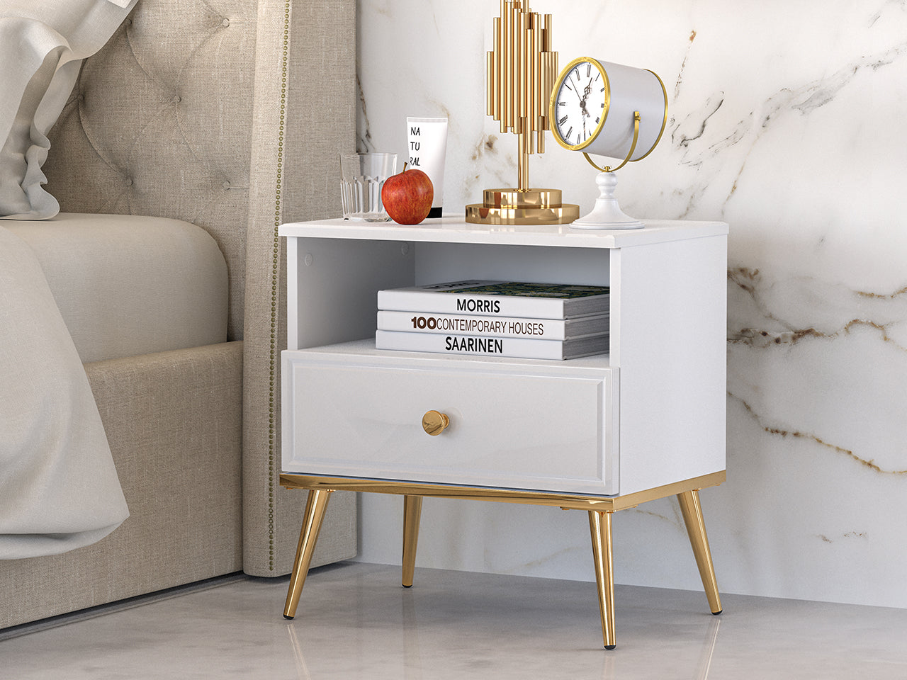 Table de Nuit Blanc Brillant – Design Moderne avec Tiroir à Extension Complète, Bordure ABS et MDF de Haute Qualité